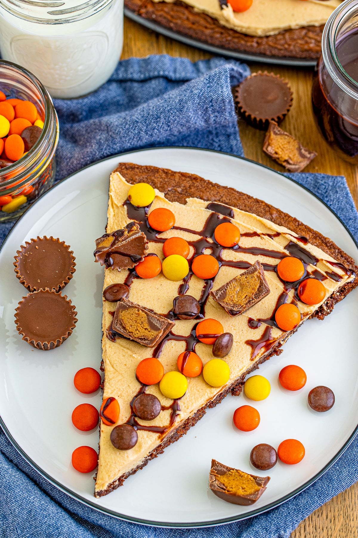 a slice of Dessert Pizza on a white plate, overhead image