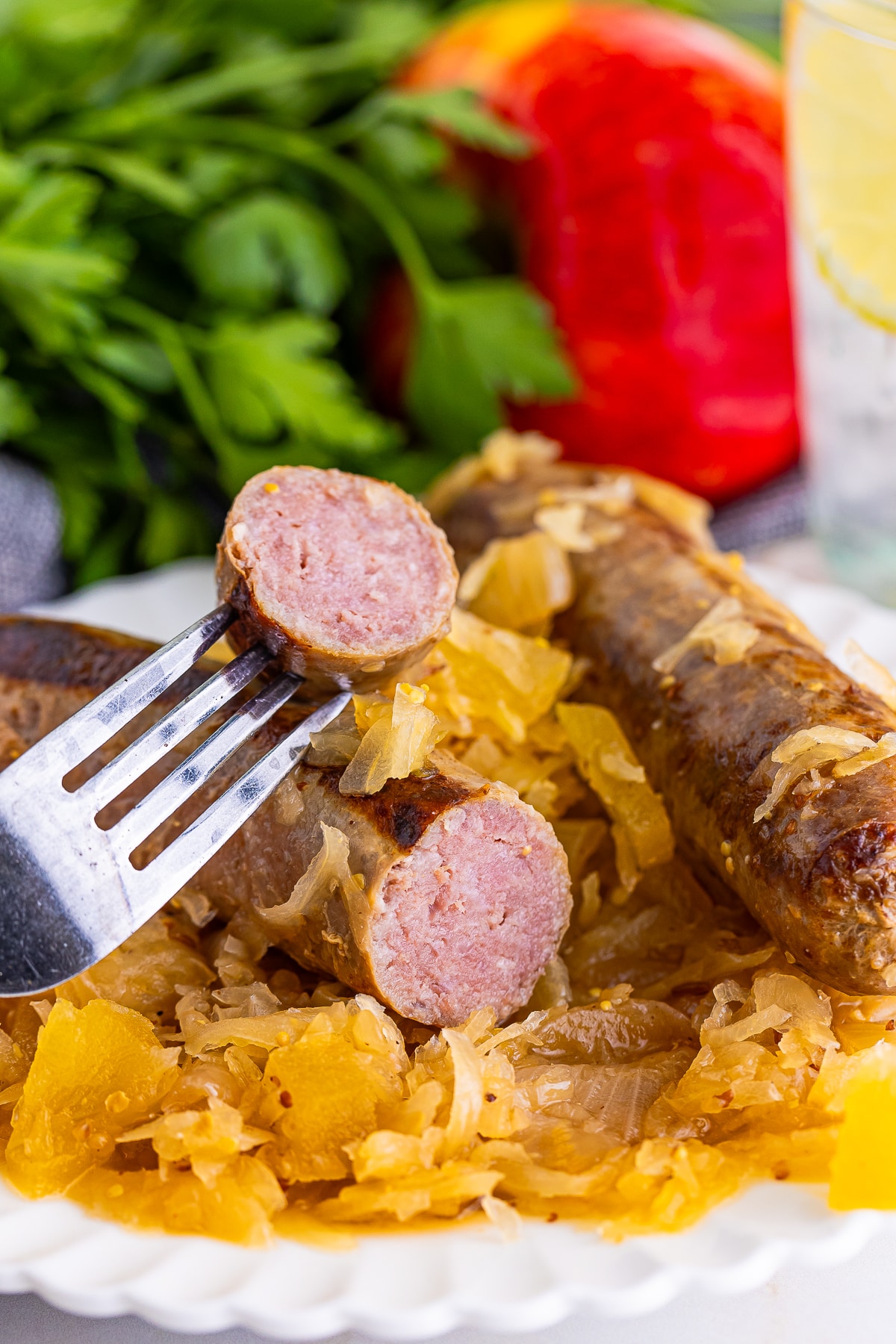 Brats and Sauerkraut cut into pieces to show interior
