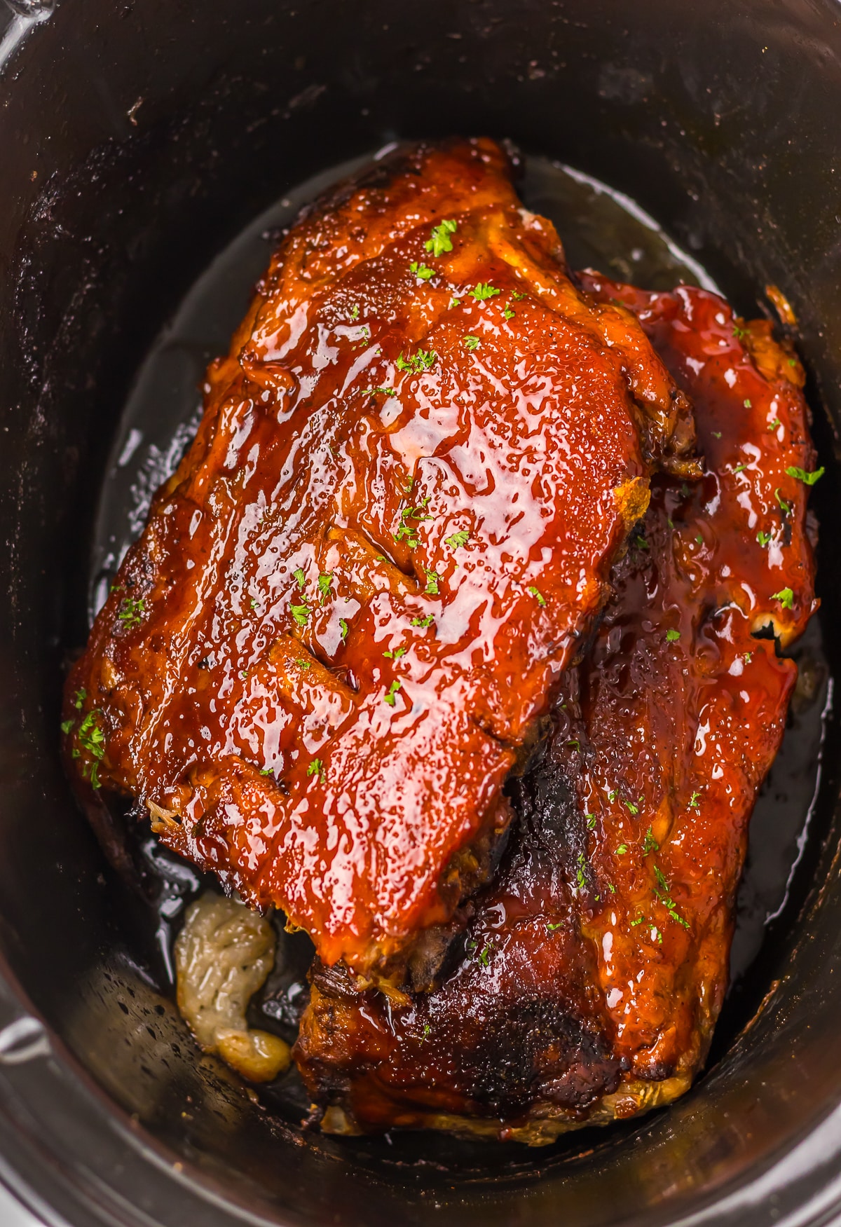 finished Slow Cooker Barbecue Ribs with Coke in the slow cooker