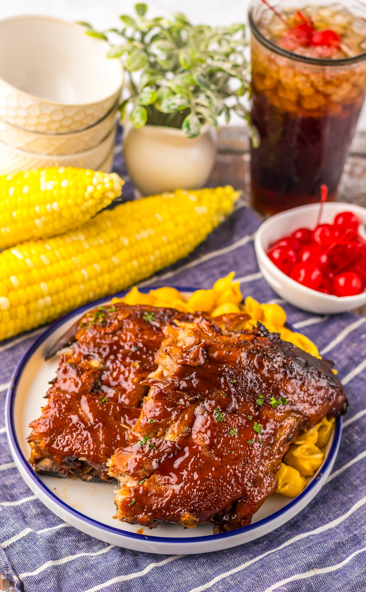 angeled image of Slow Cooker Barbecue Ribs with Coke on serving plate