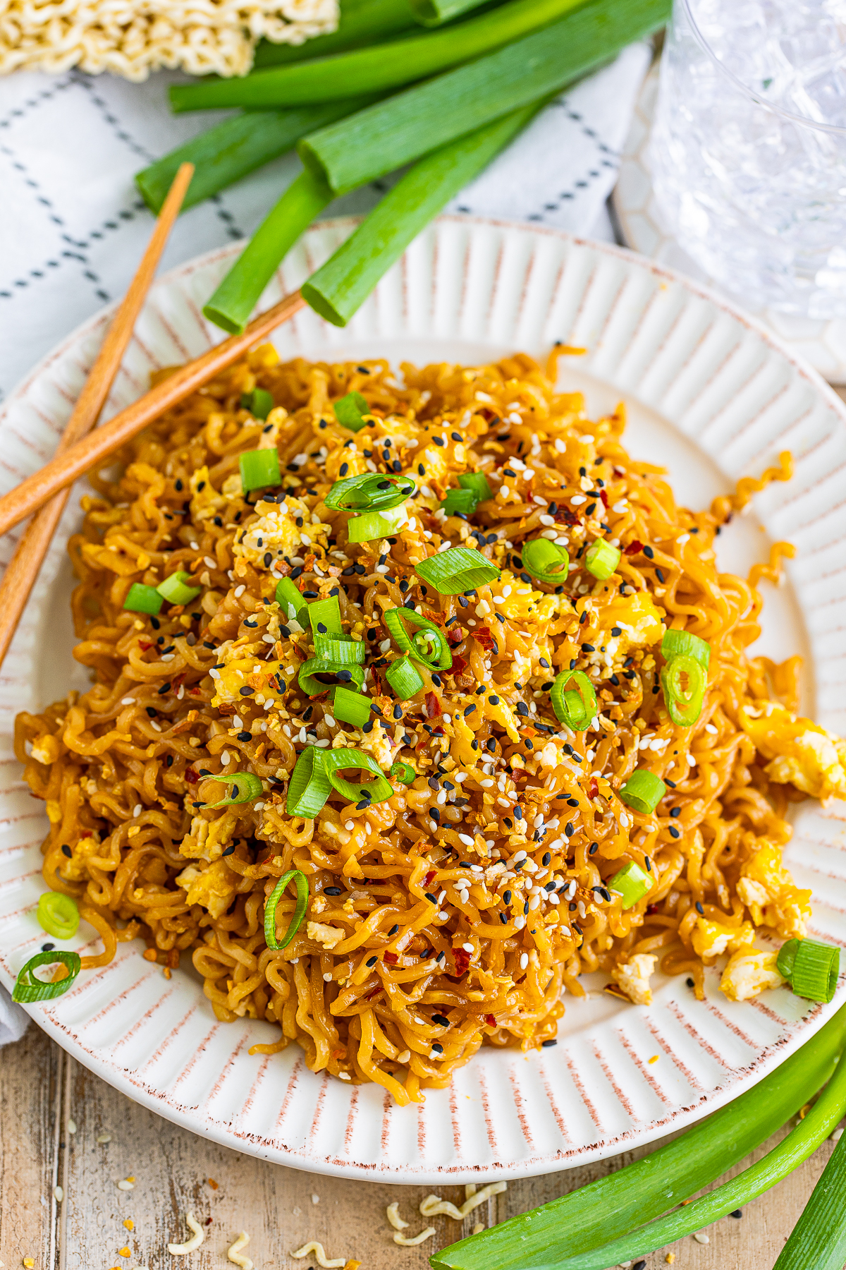 up close overhead image of Tik Tok Ramen on white plate