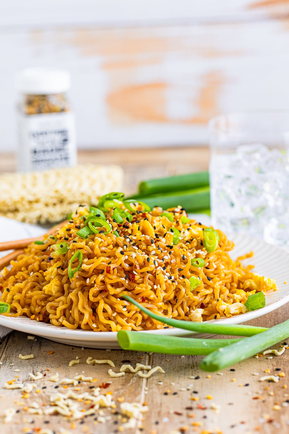 Tik Tok Ramen served on a plate, wooden table top
