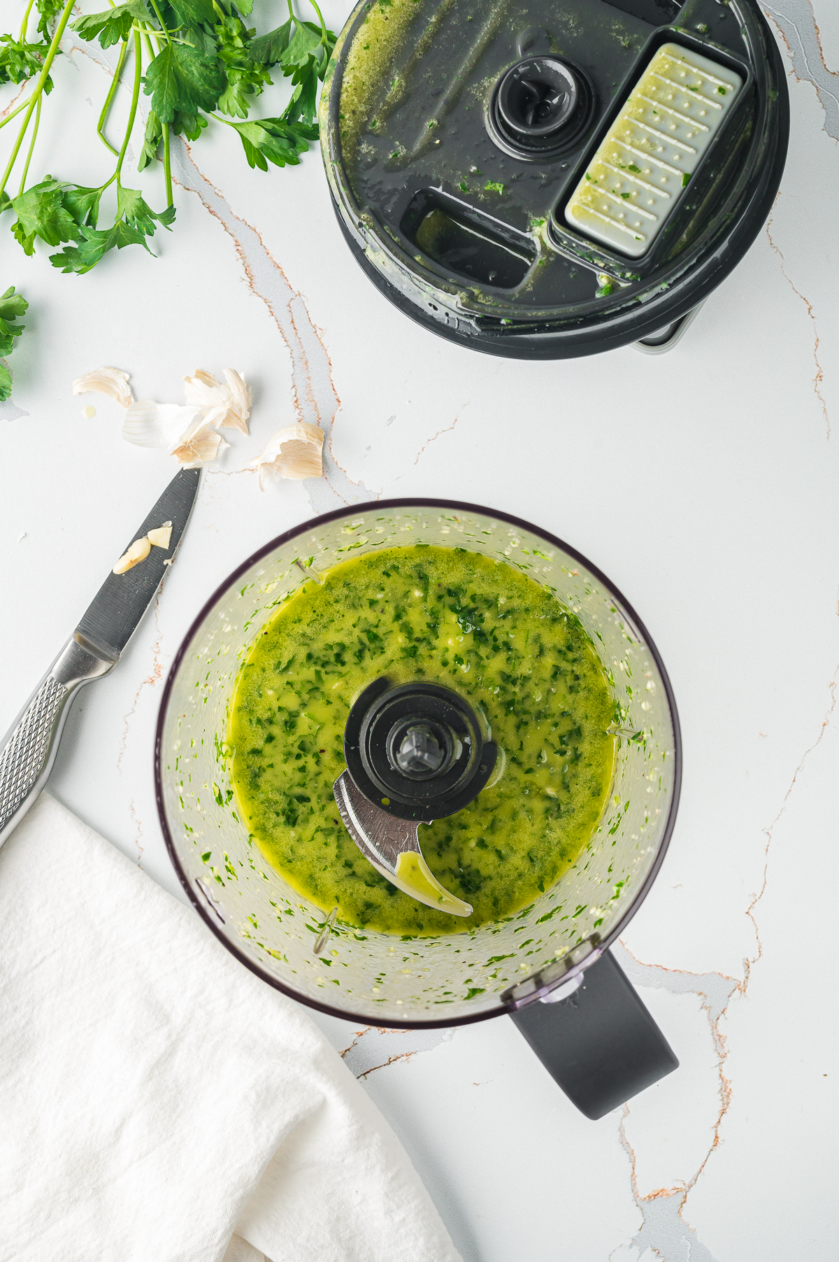 finished chimichurri sauce in food processor