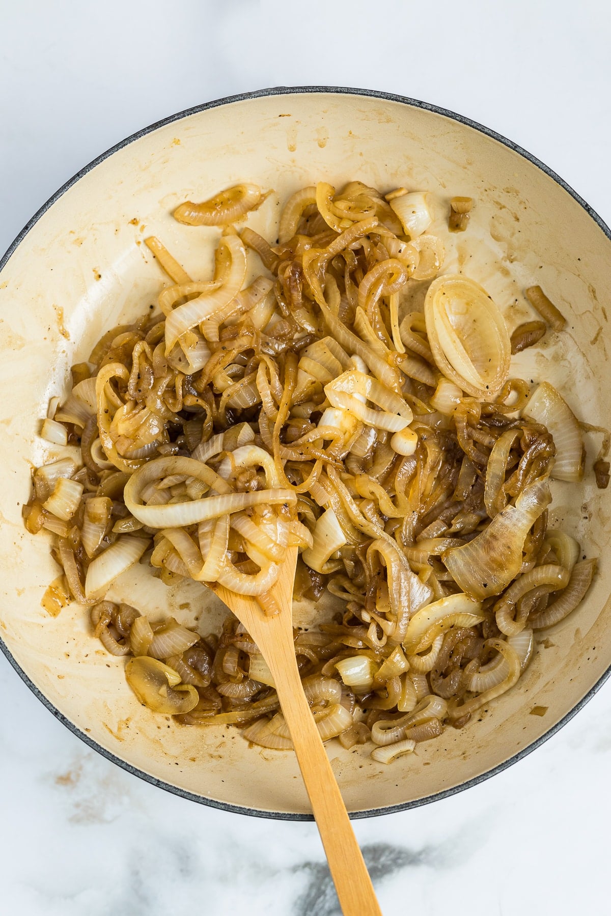 overhead image of finished Coca Cola Onions in skillet