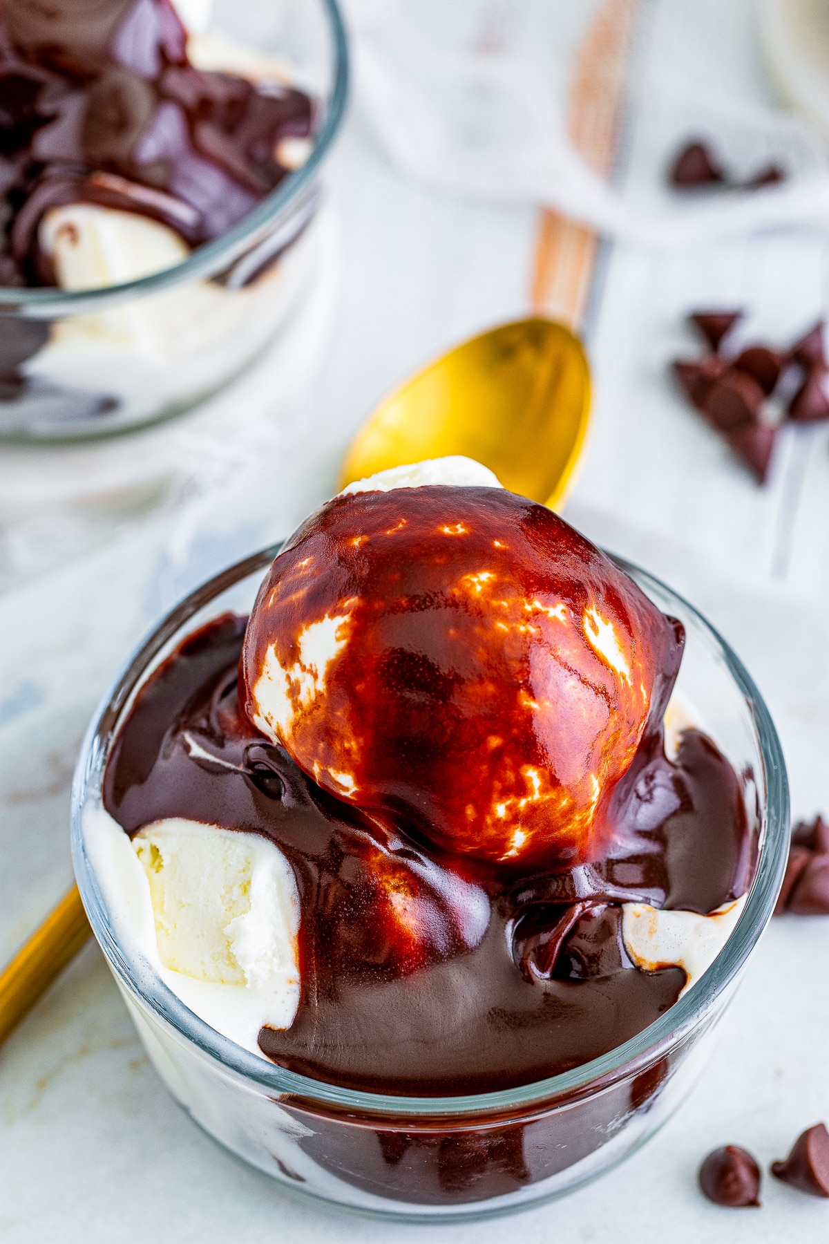 ice cream topped with hot fudge