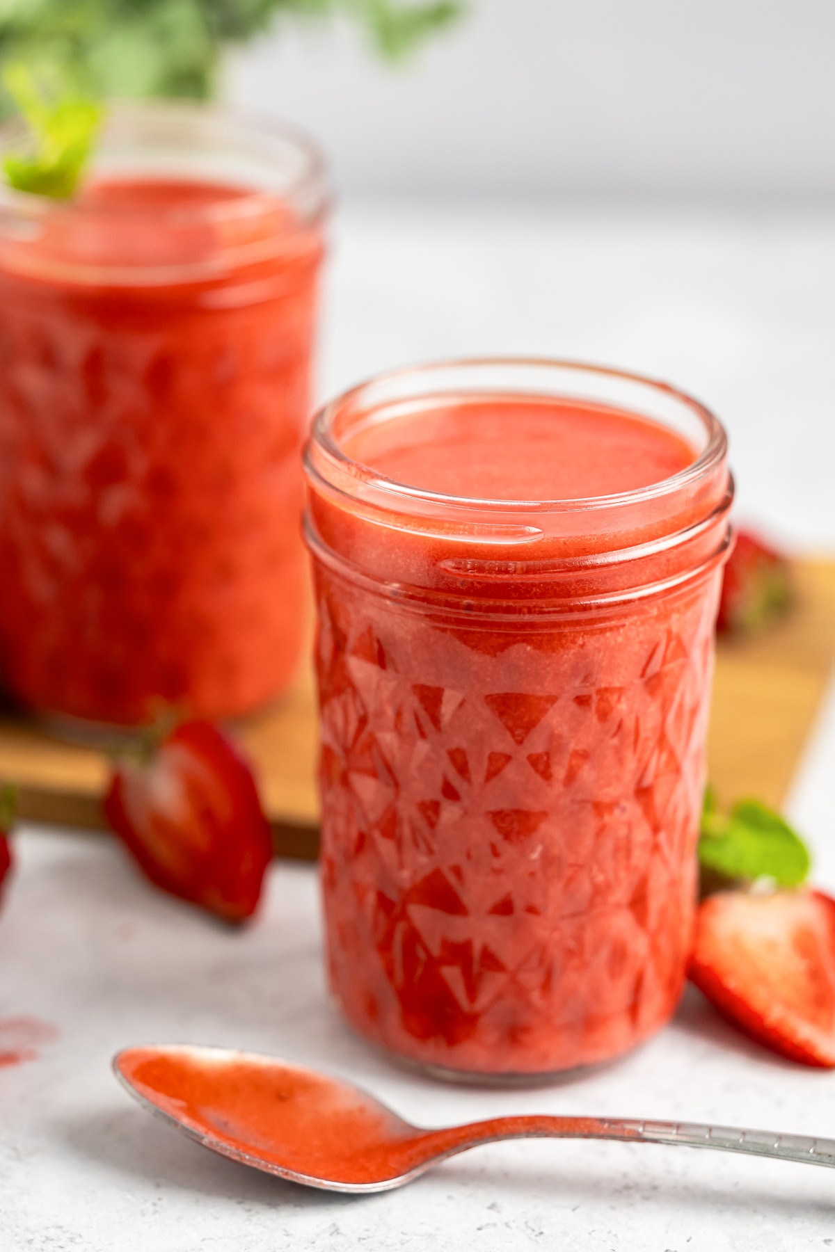 up close image of Strawberry Sauce Recipe in jar