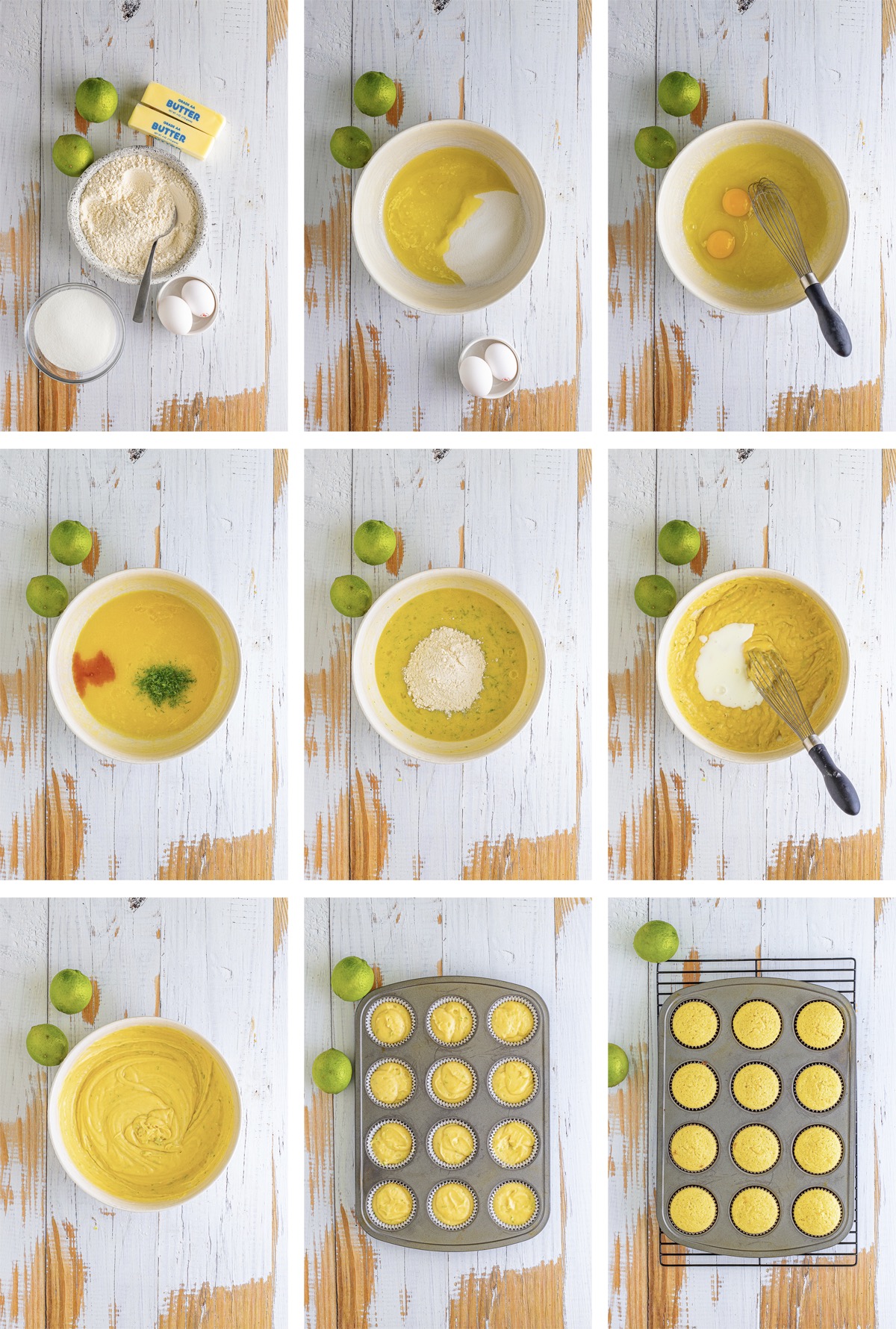 collage of images showing how to make the batter for Margarita Cupcakes