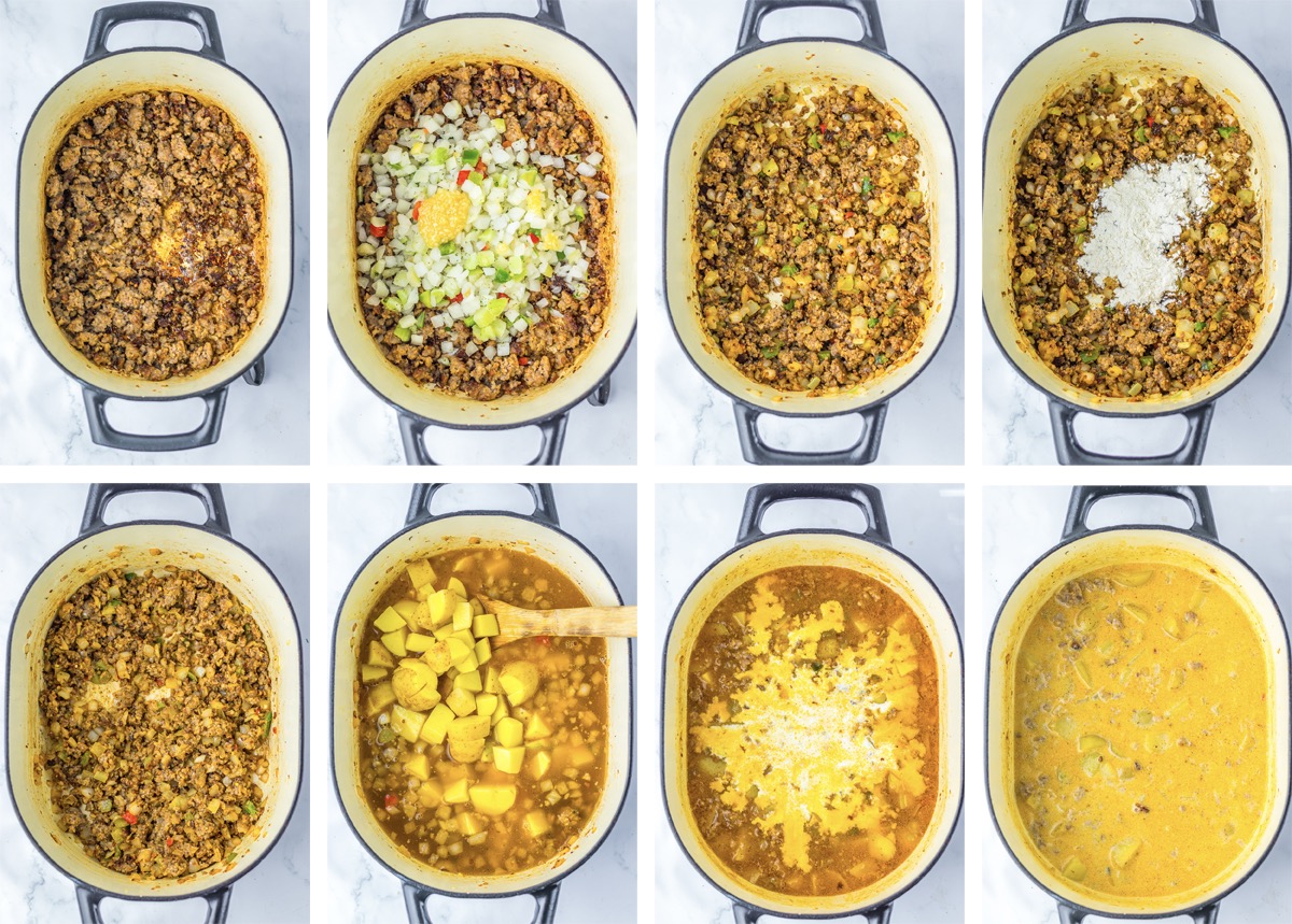 collage of images showing how to make Potato & Sausage Soup