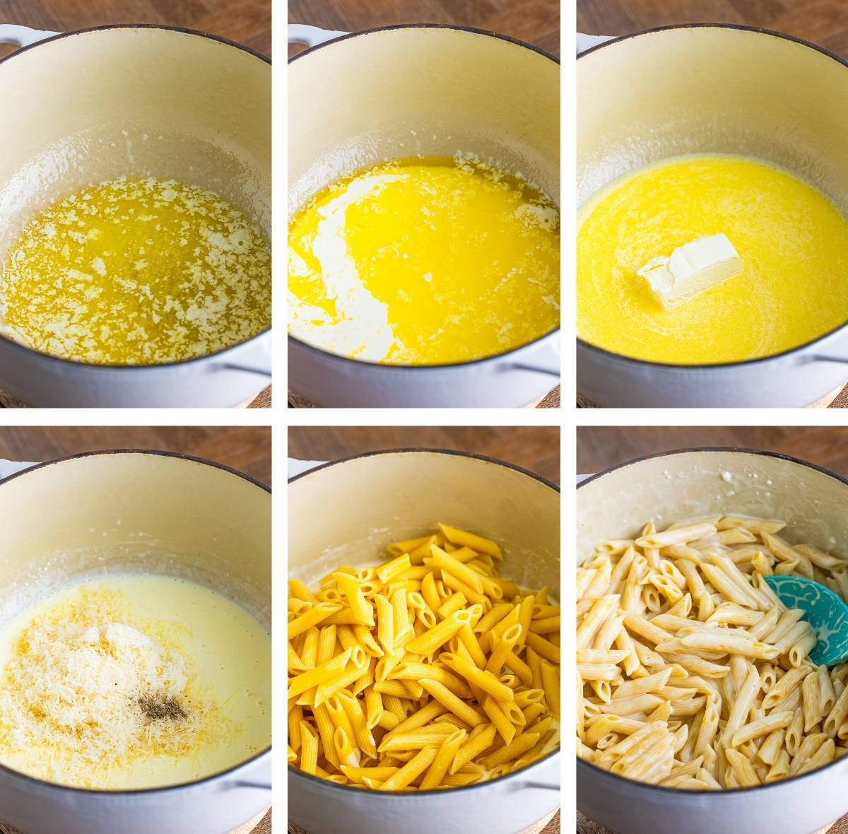 collage of images showing how to make Alfredo Sauce with Penne Pasta