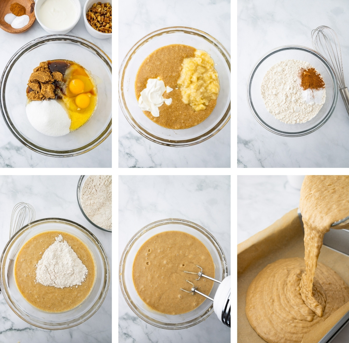 collage of images showing how to make the batter for Banana Bars