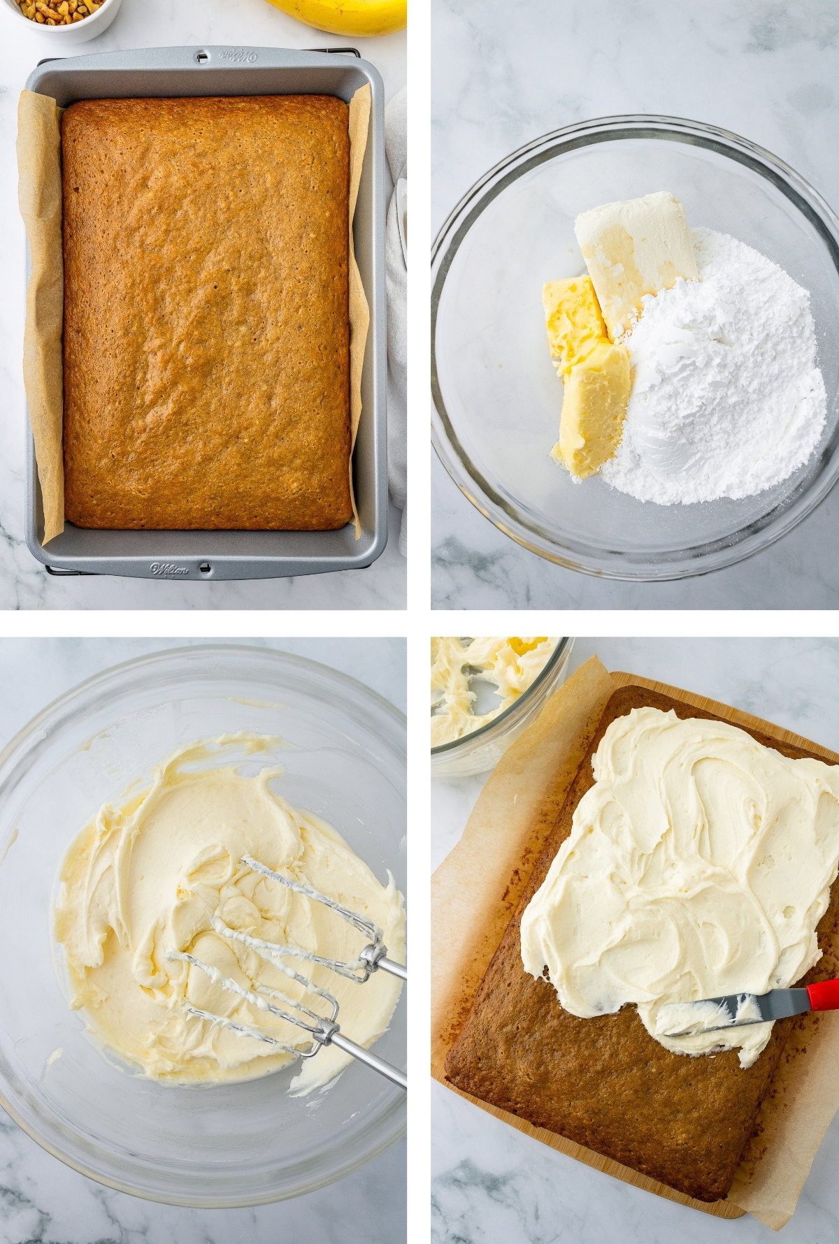 collage of images showing how to frost Banana Bars
