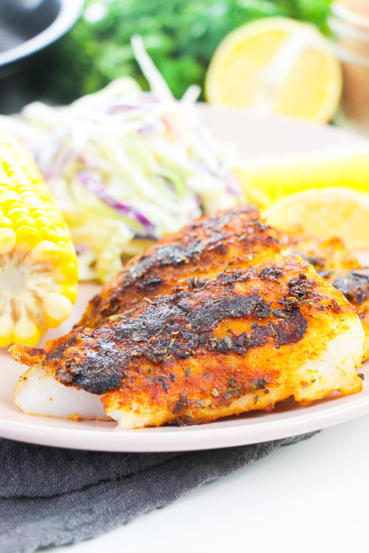 Blackened Catfish served on a white plate