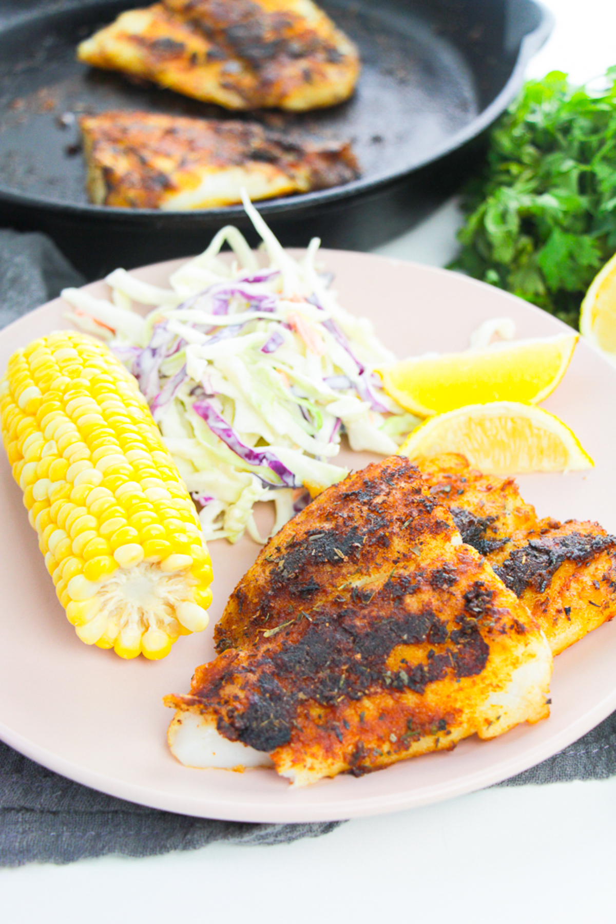 Blackened Catfish with sides on a serving plate