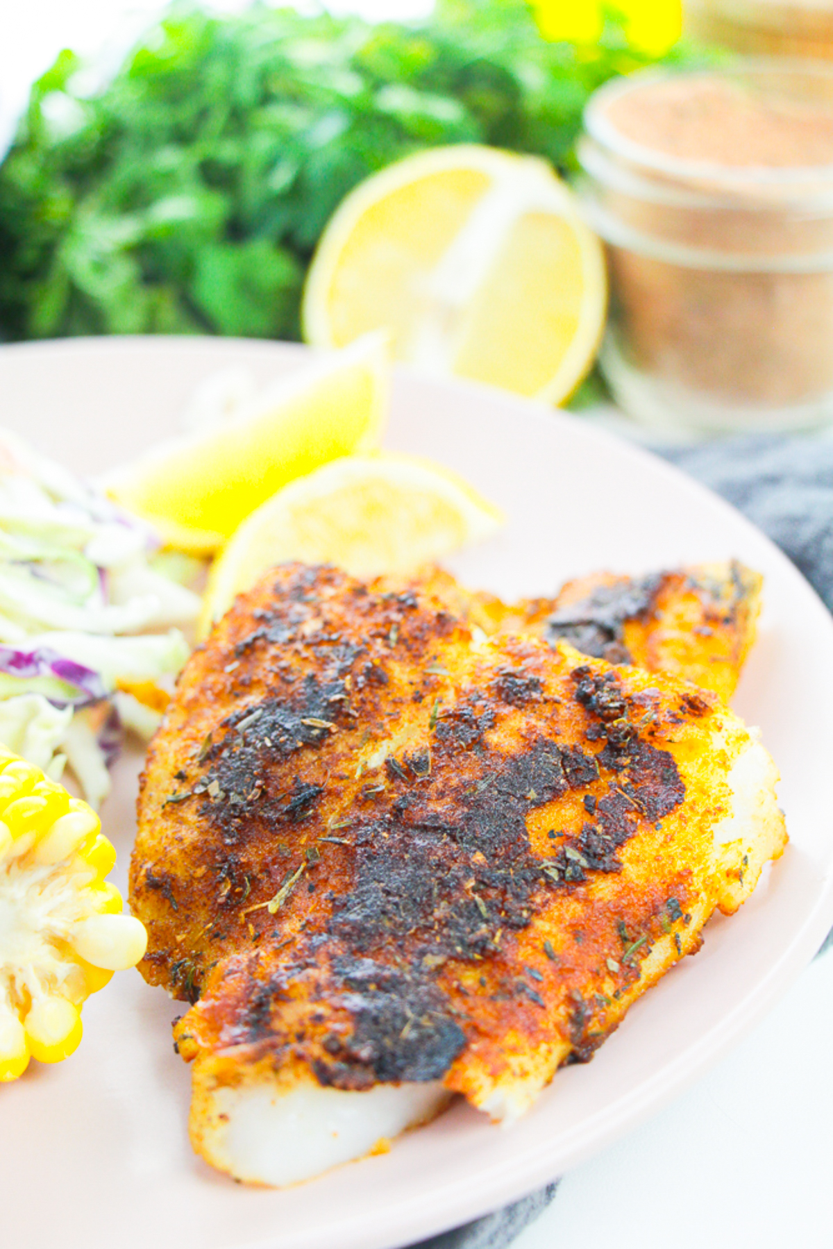 finished Blackened Catfish on white serving plate
