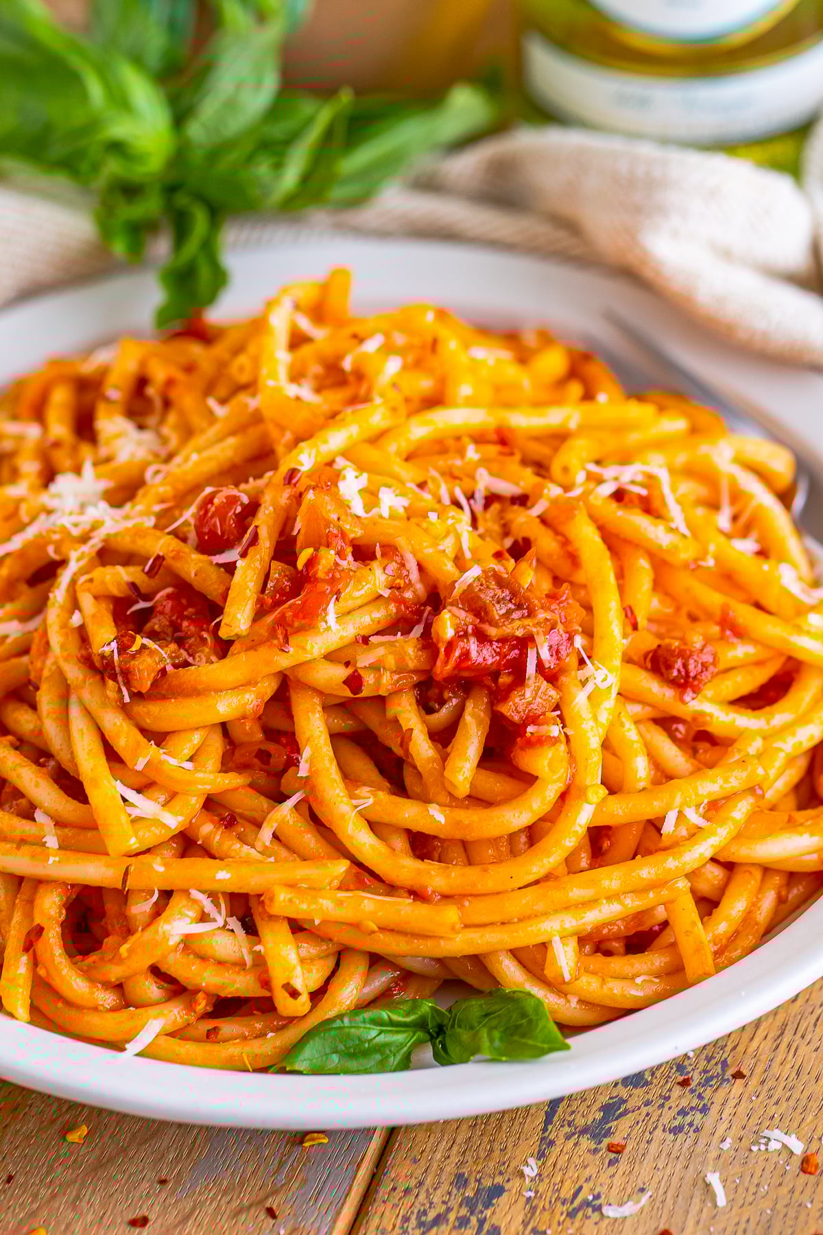 Bucatini all Amatriciana served on white plate