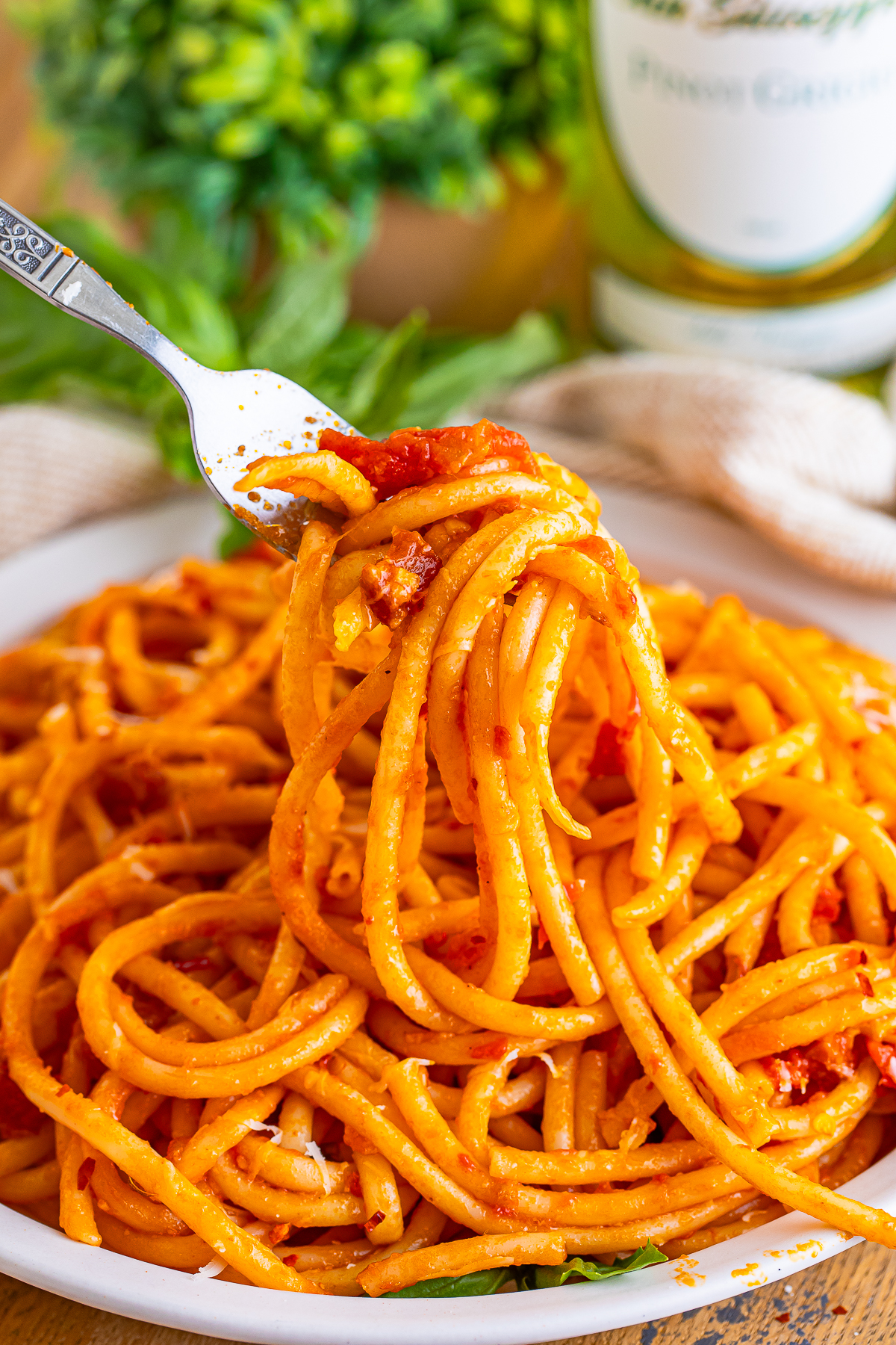 a fork holding up a bite of Bucatini all Amatriciana in air