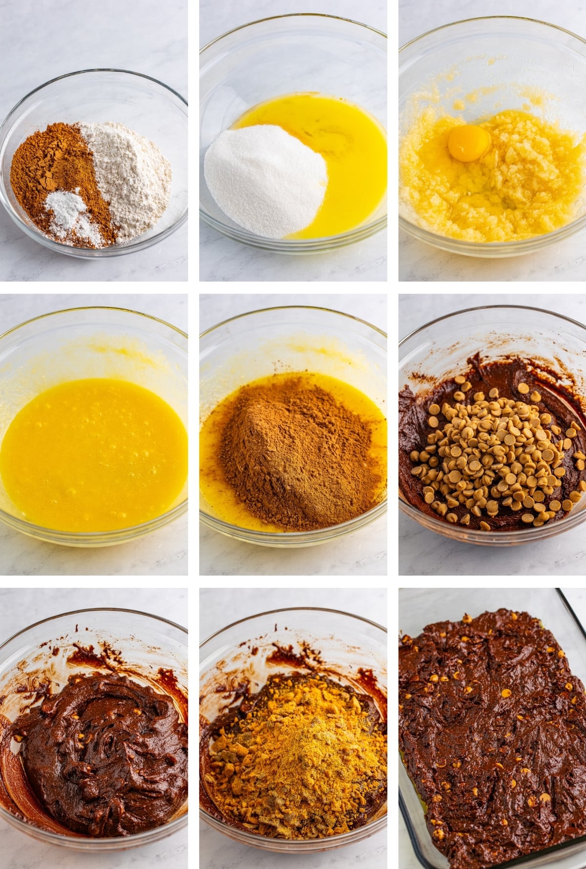 collage of images showing how to make the batter for Butterfinger Brownies