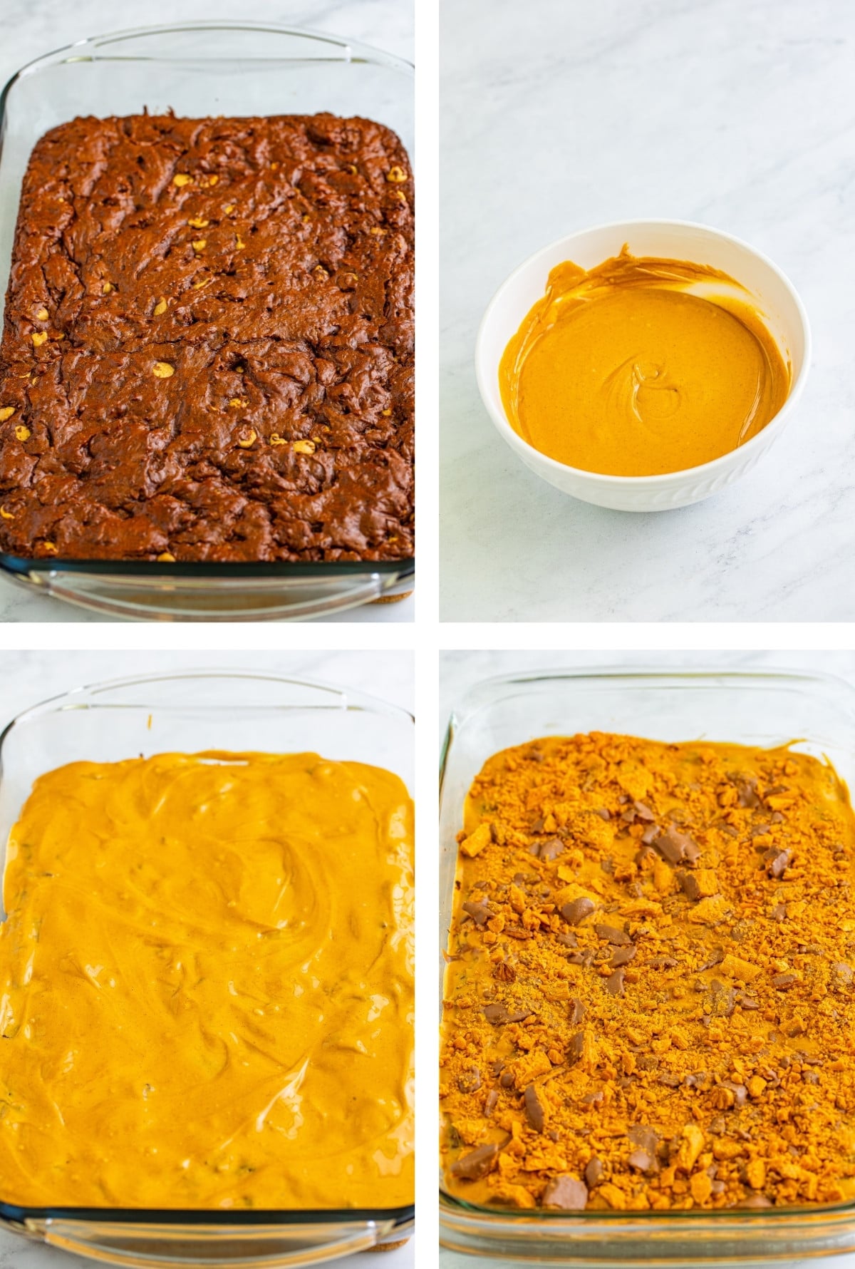 collage of images showing how to top Butterfinger Brownies