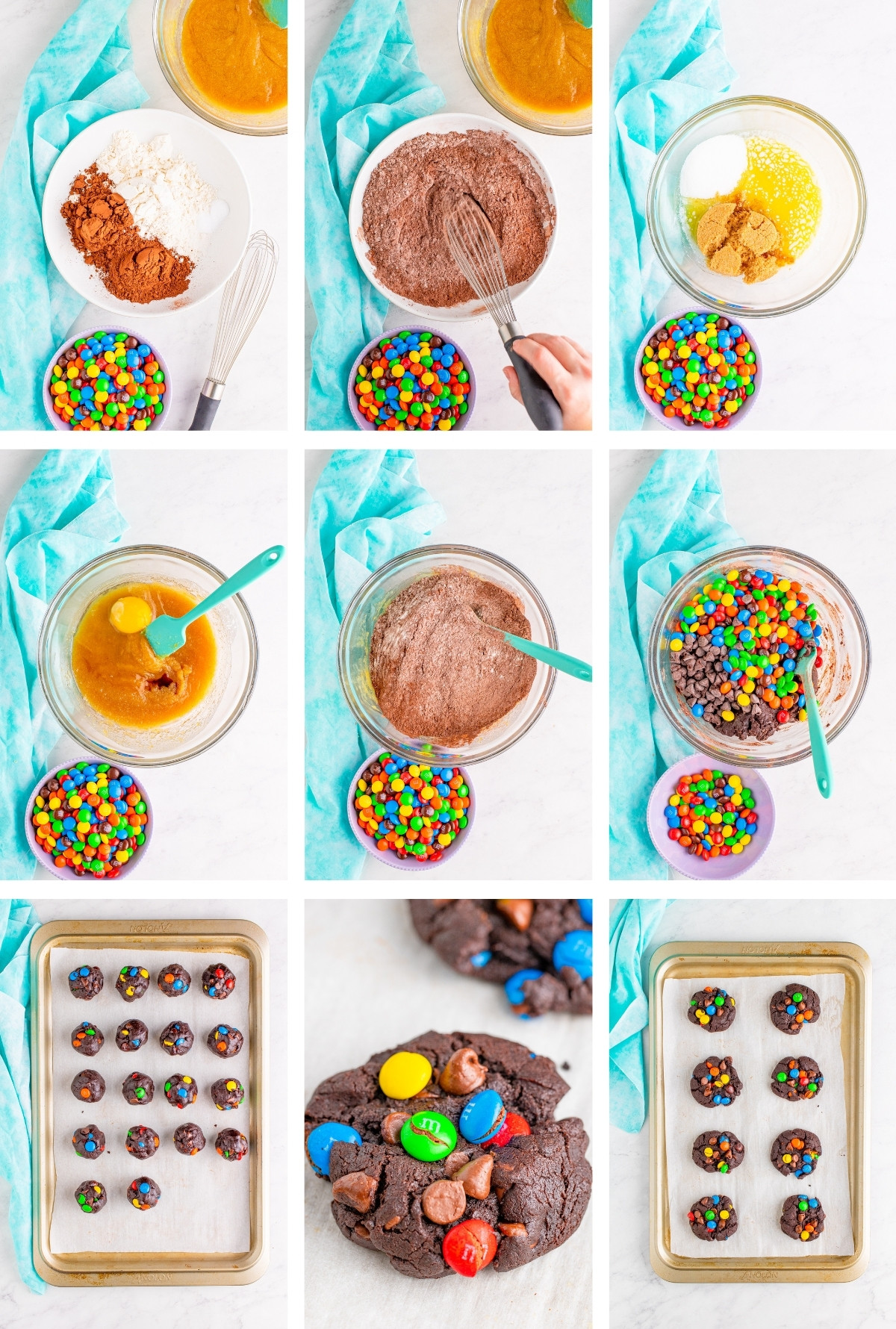 collage of images showing how to make Chocolate Chip M&M Cookies