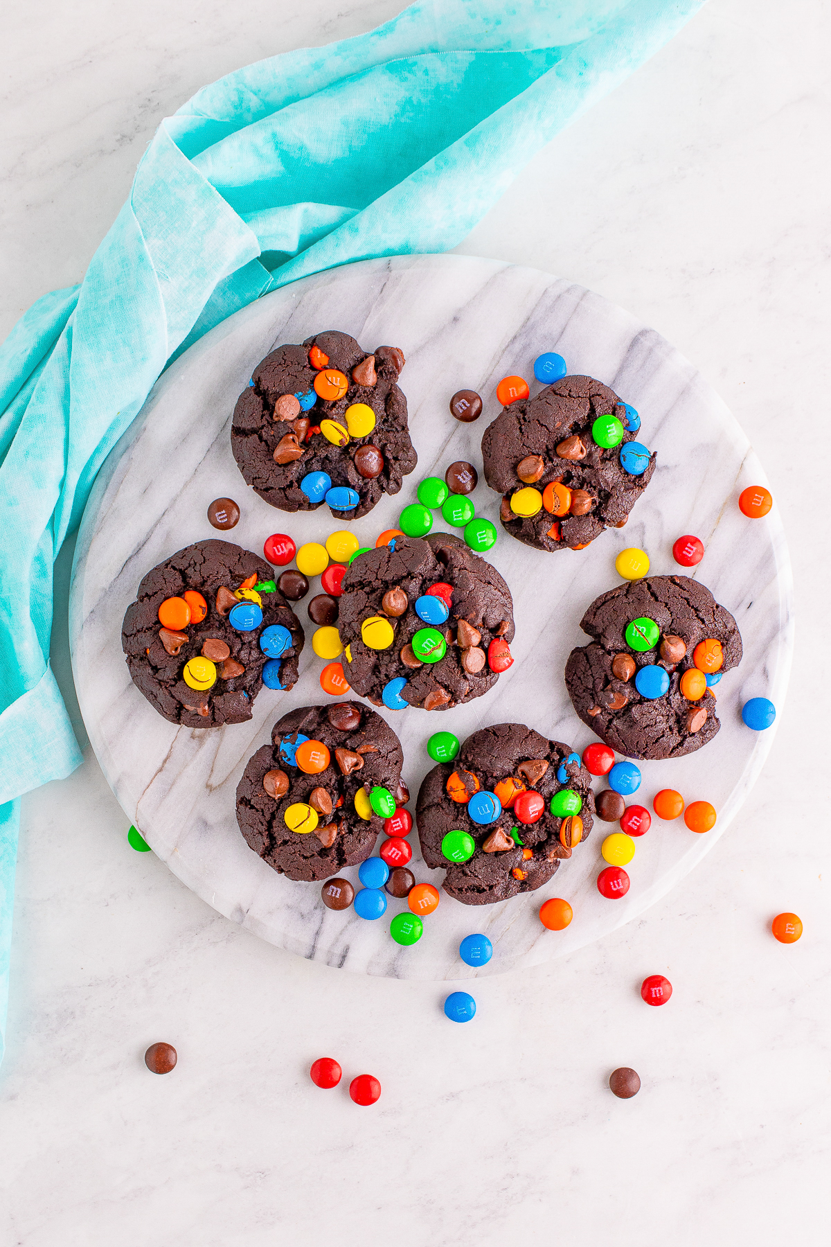overhead image of Chocolate Chip M&M Cookies on a cake stand