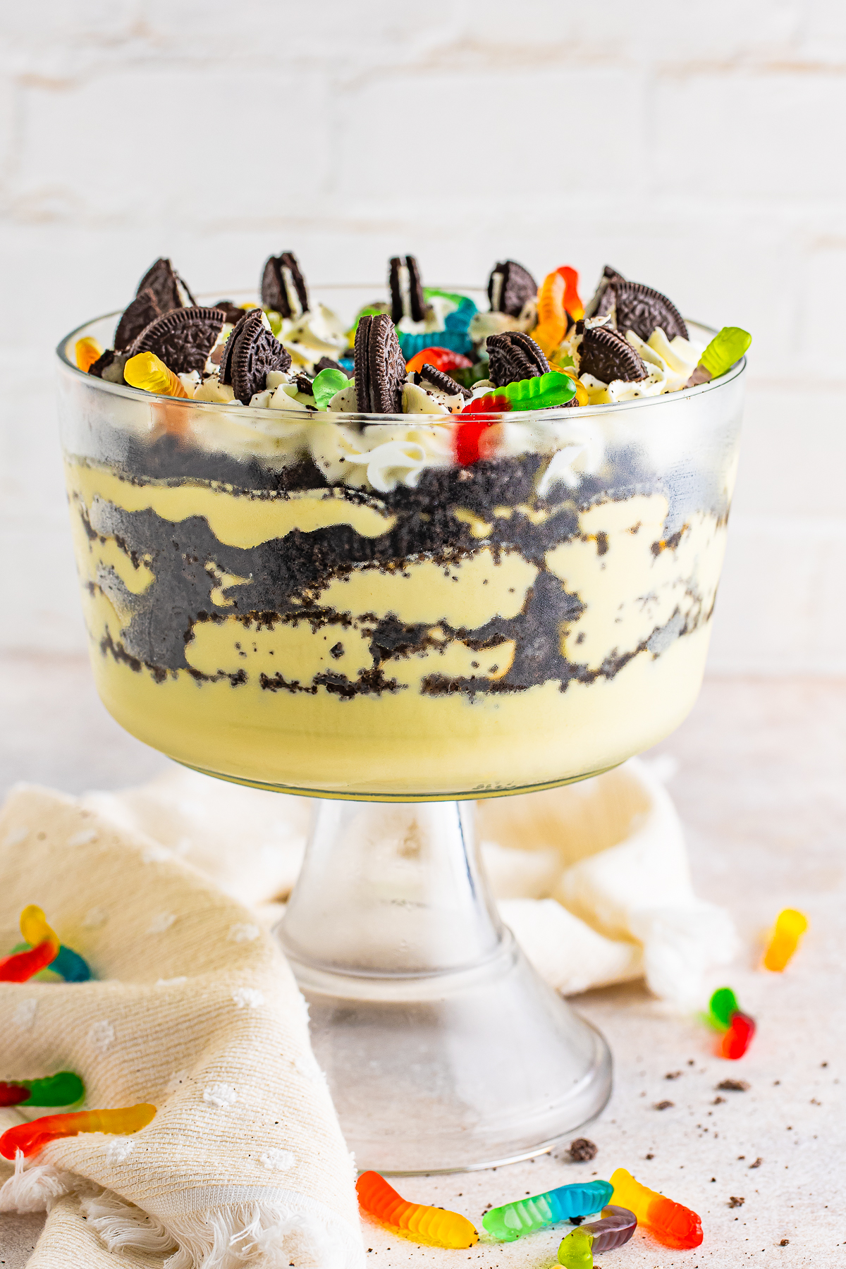 straight on image of Dirt Cake Recipe in a trifle dish