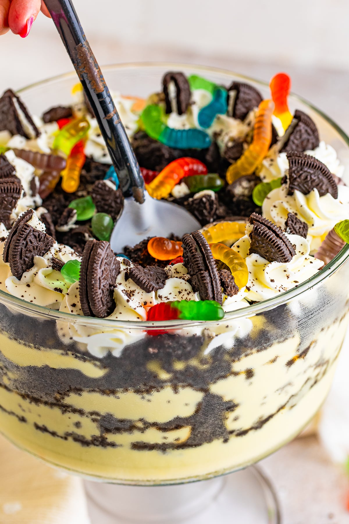 a spoon digging into Dirt Cake Recipe