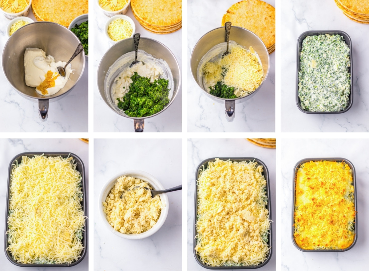 collage of images showing how to make hot spinach dip