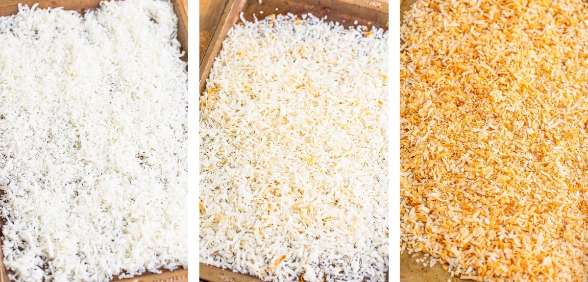 collage of images showing how to make toasted coconut