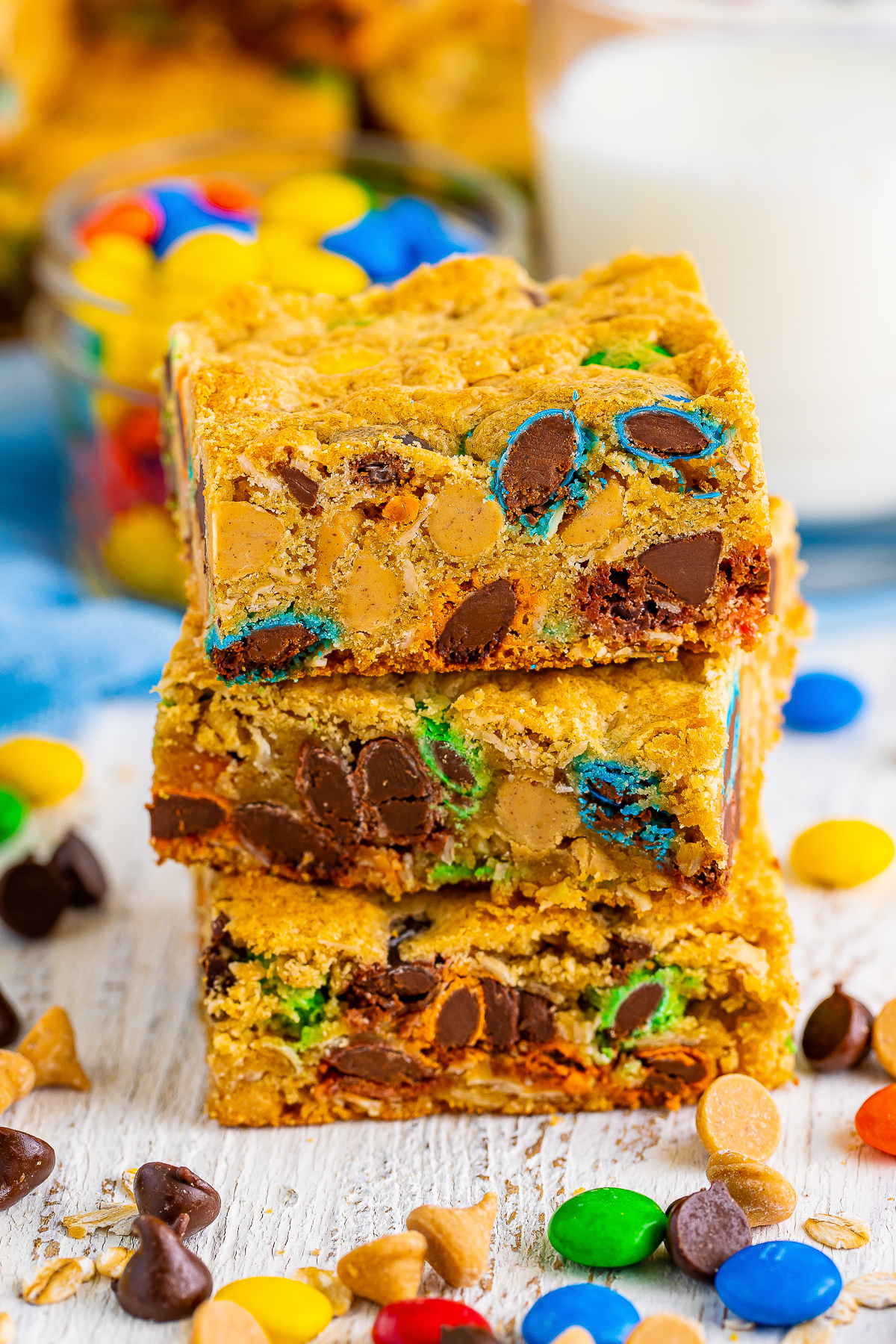 three Monster Cookie Bars stacked on top of each other