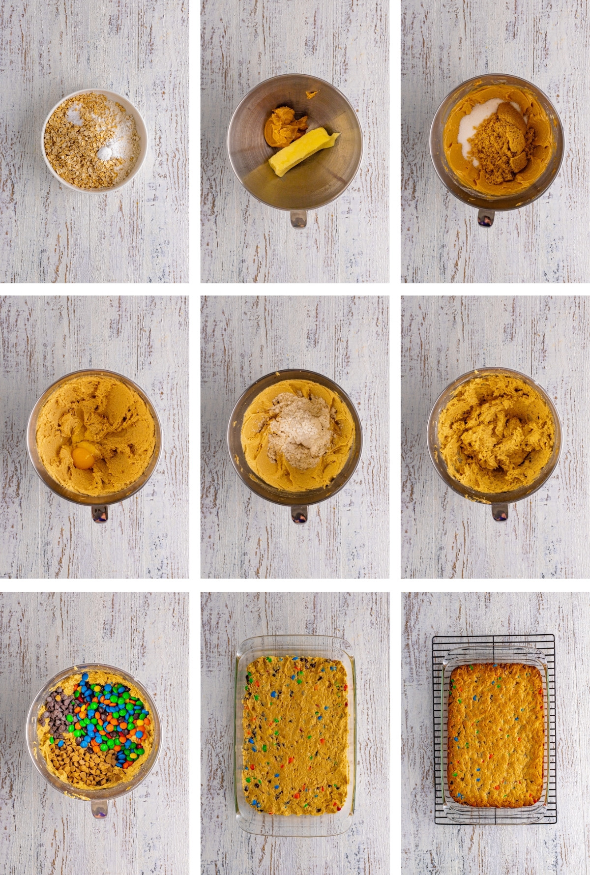 collage of images showing how to make Monster Cookie Bars