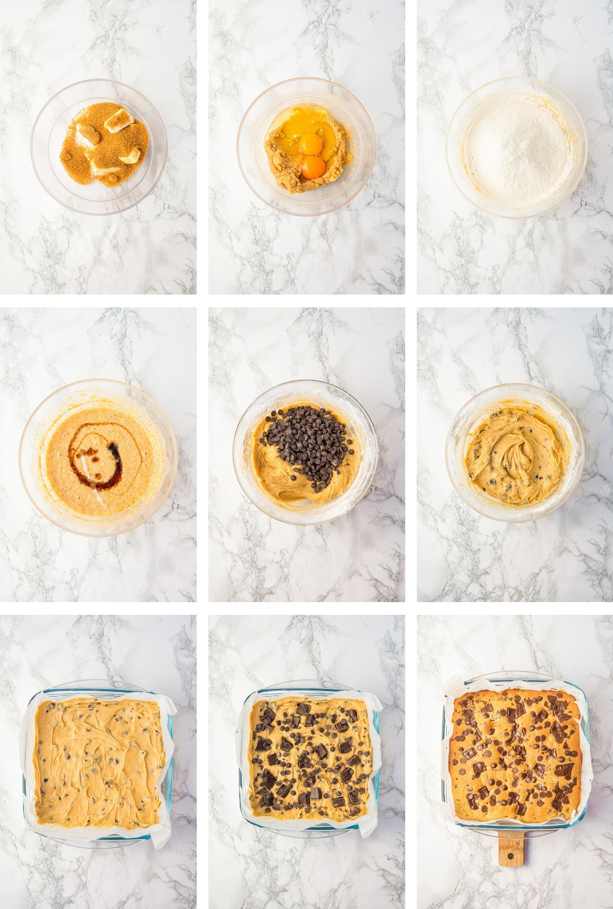 collage of images showing how to make Chocolate Chip Cookie Bars