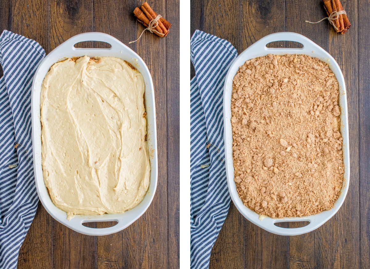 overhead images of the final steps for making Sour Cream Coffee Cake