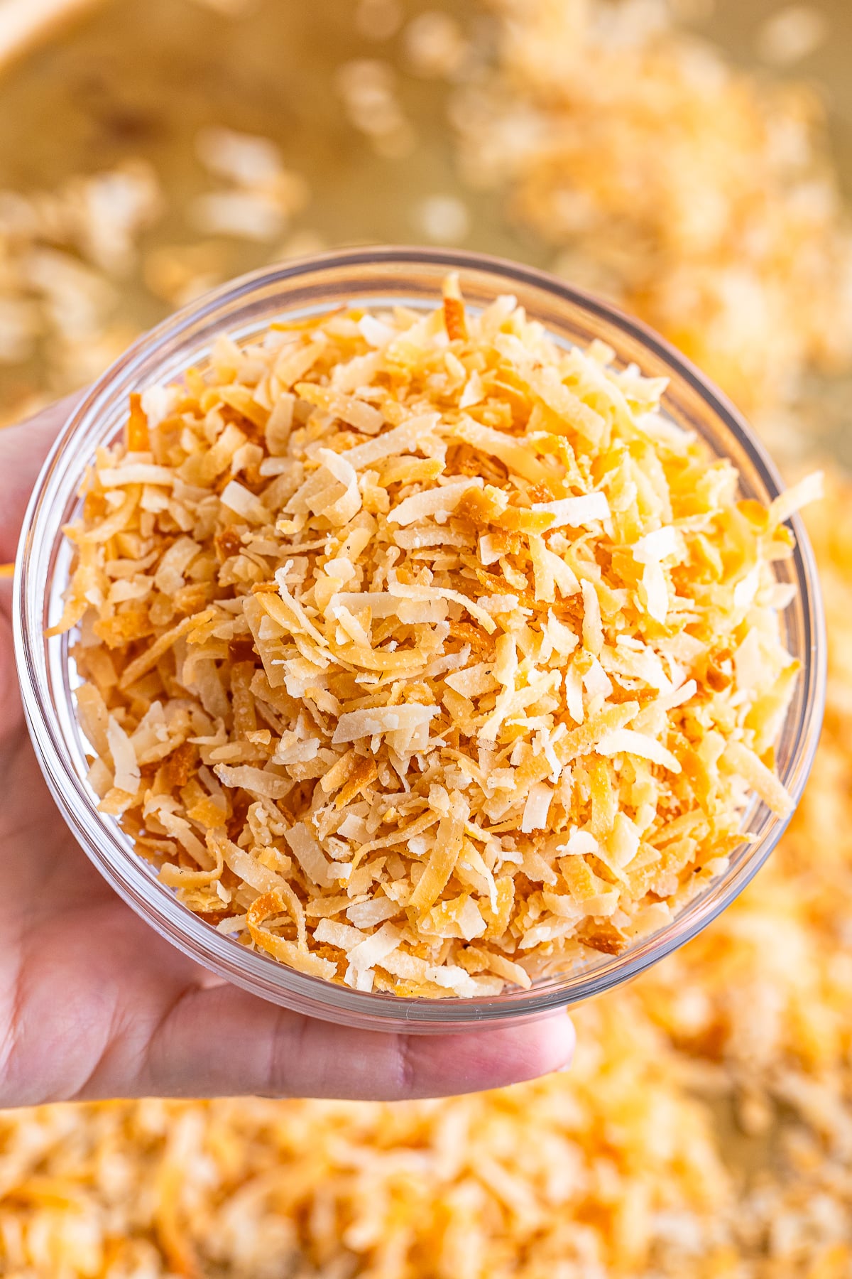 a hand holding up a bowl full of toasted coconut in air
