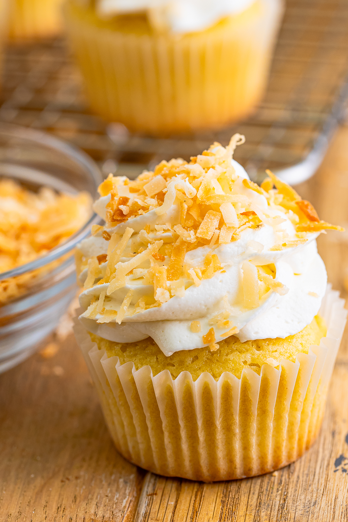 up close image of cupcake with toasted coconut on top