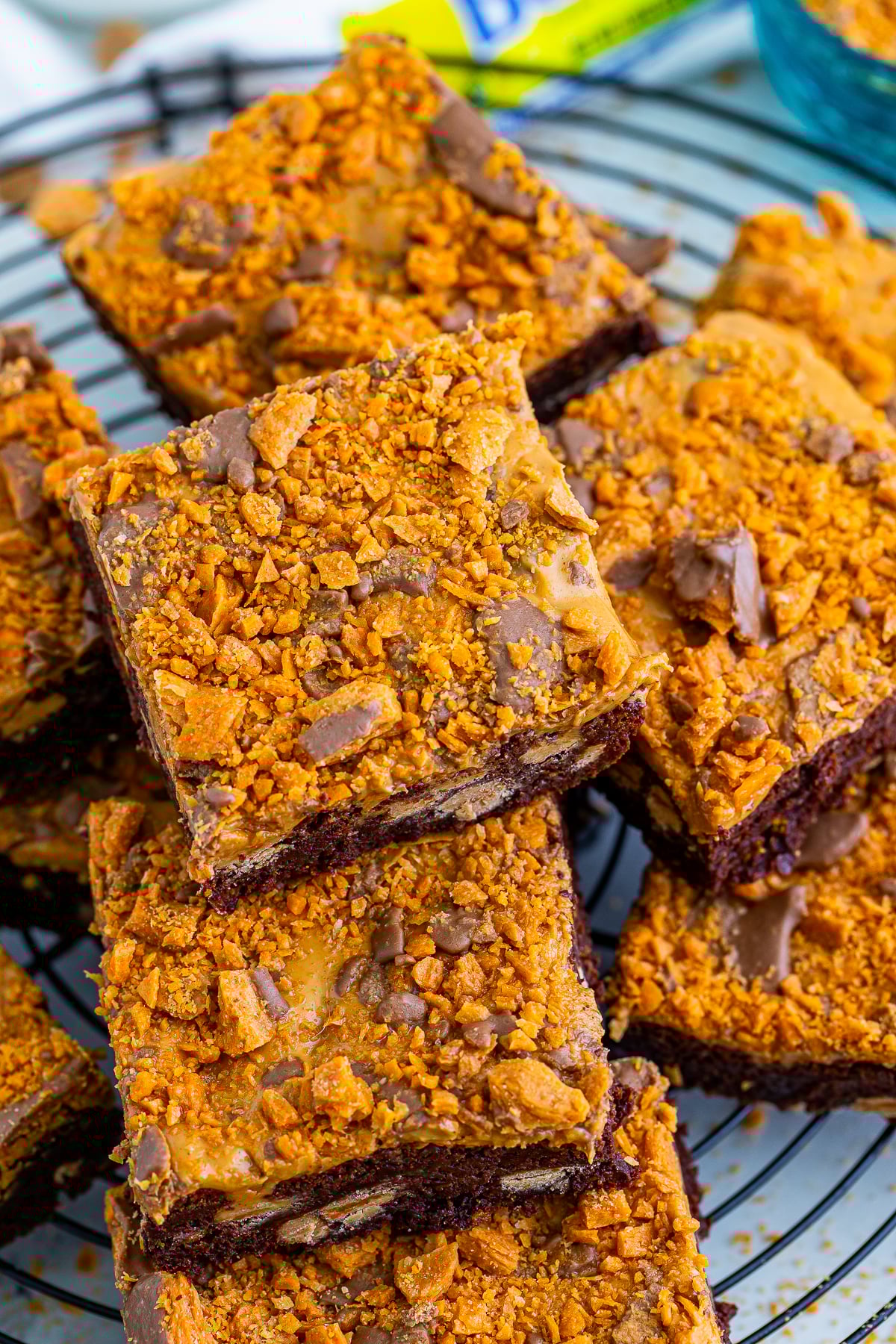 overhead image of Butterfinger Brownies on a wire rack