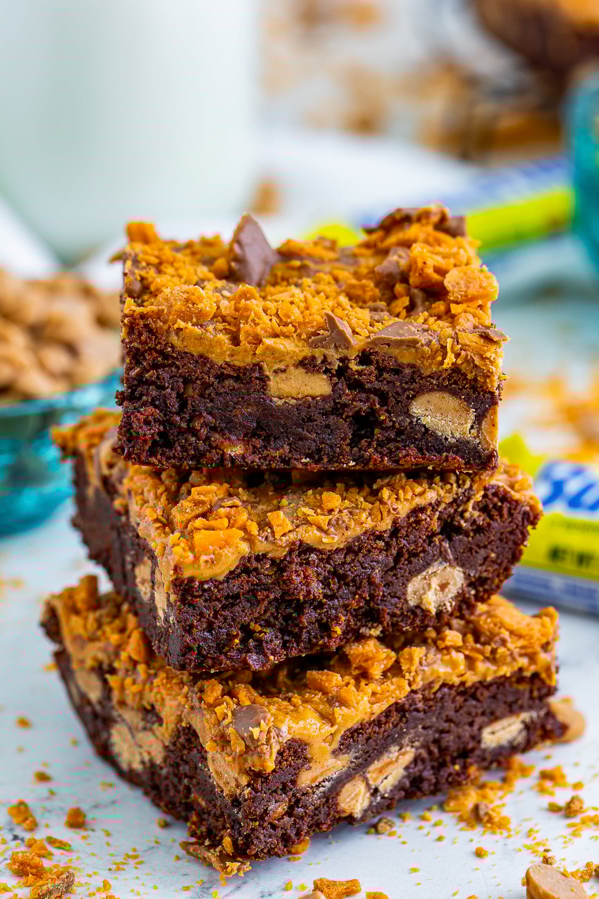 three Butterfinger Brownies stacked on top of each other