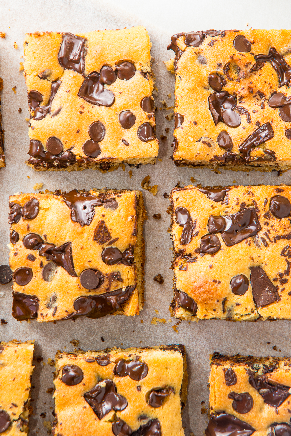 overhead image of cut up Chocolate Chip Cookie Bars
