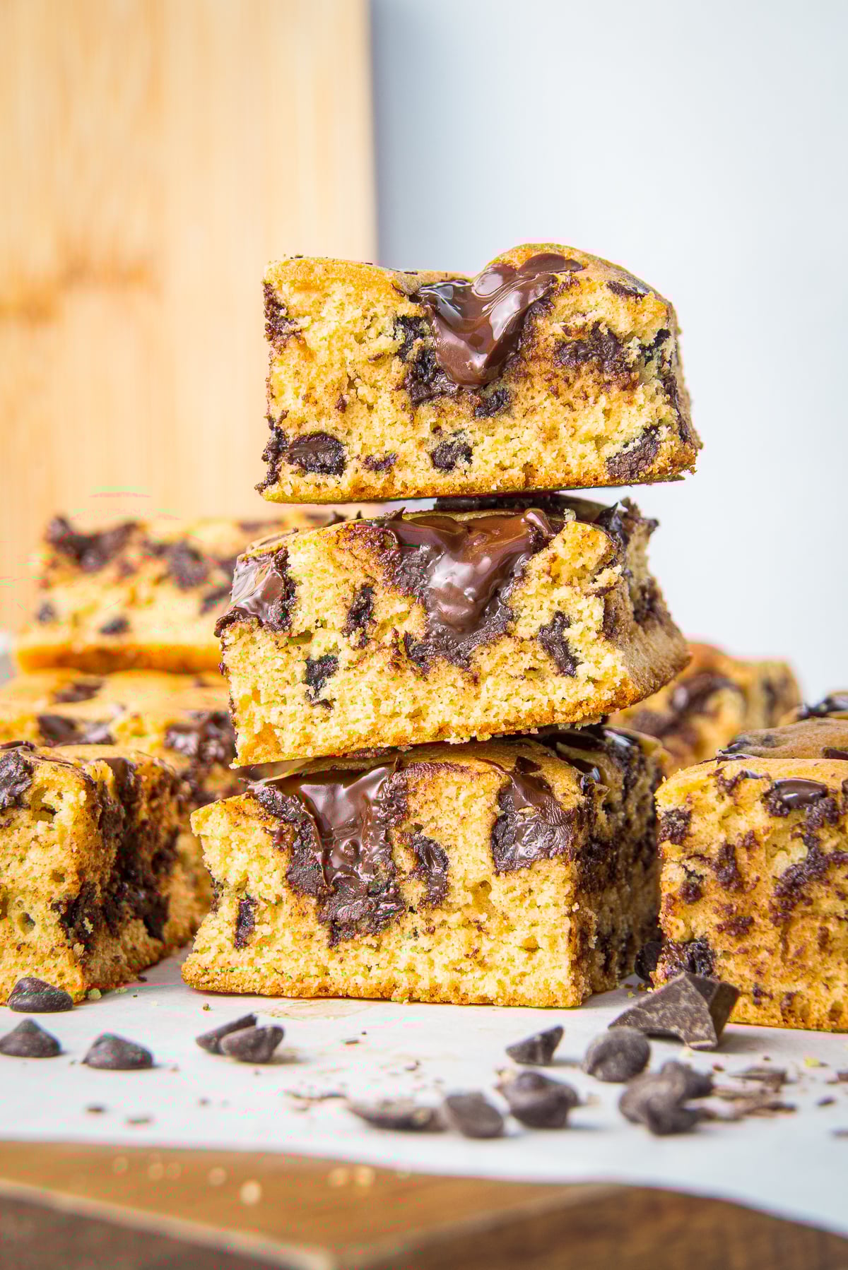three Chocolate Chip Cookie Bars stacked on top of each other
