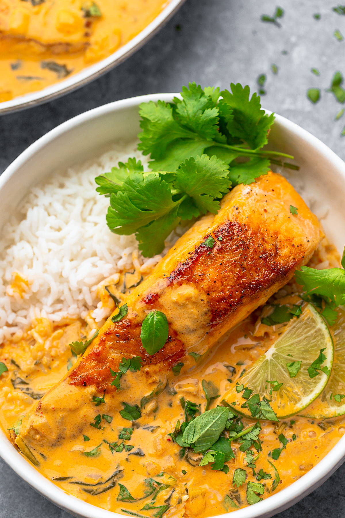 overhead image of finished serving of Curry with Salmon in a bowl