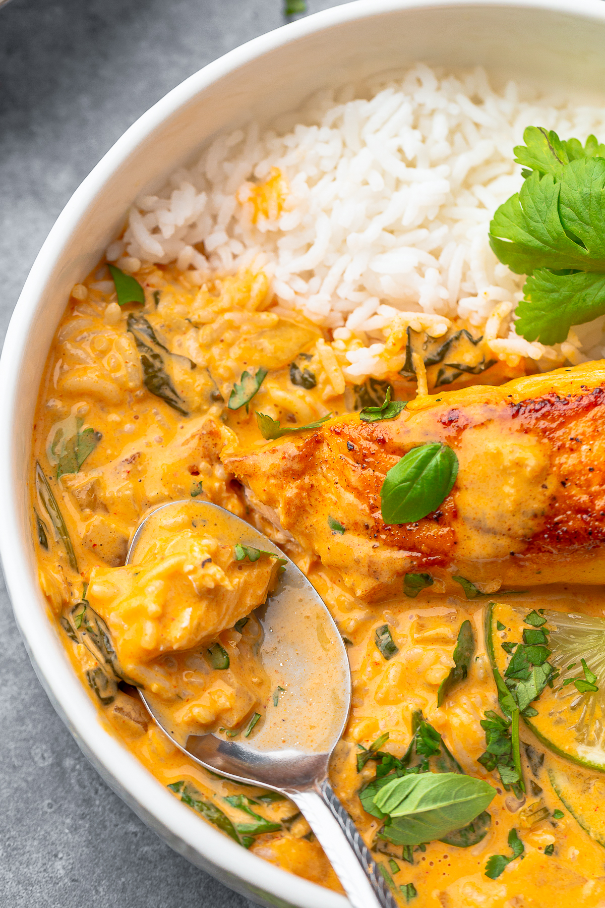 a spoon with a bite of Curry with Salmon in a bowl
