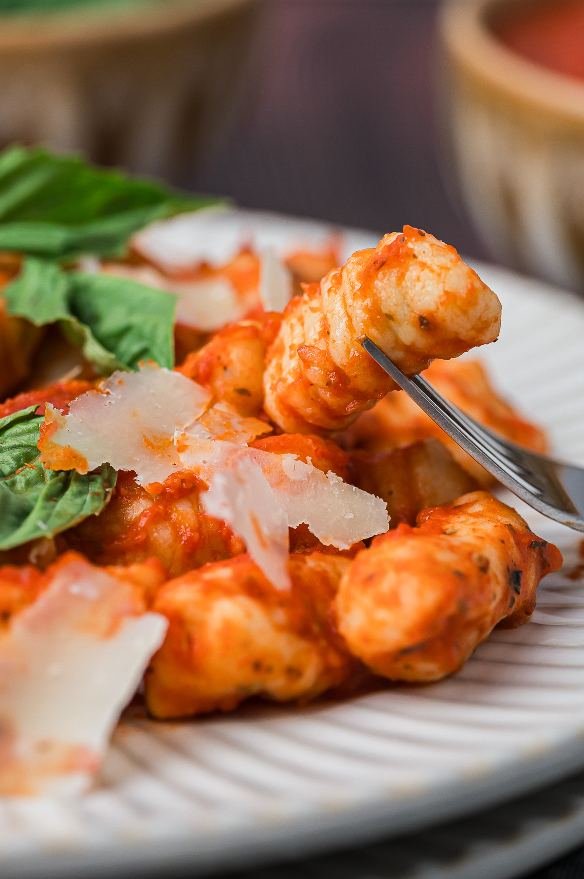 up close image of a piece of Gnocchi on a fork