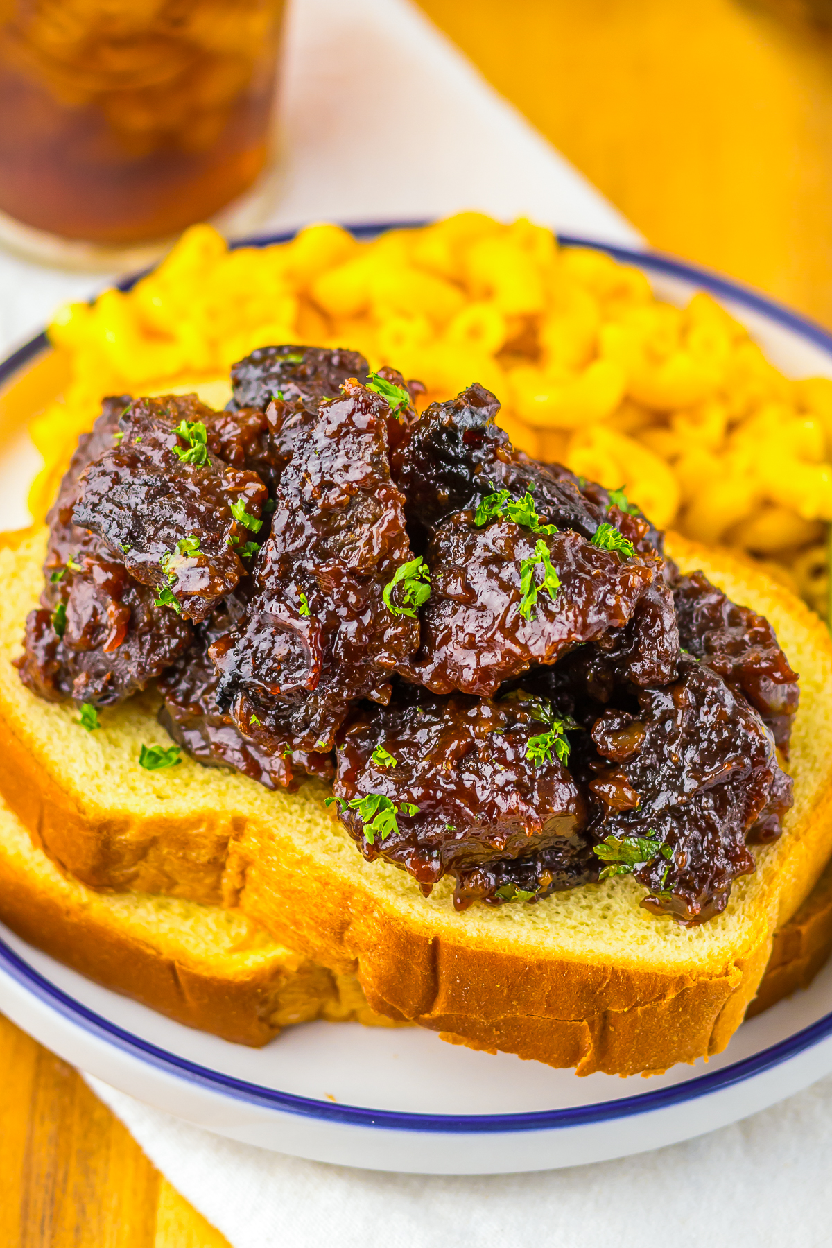 up close overhead image of finished Chuck Roast Burnt Ends served