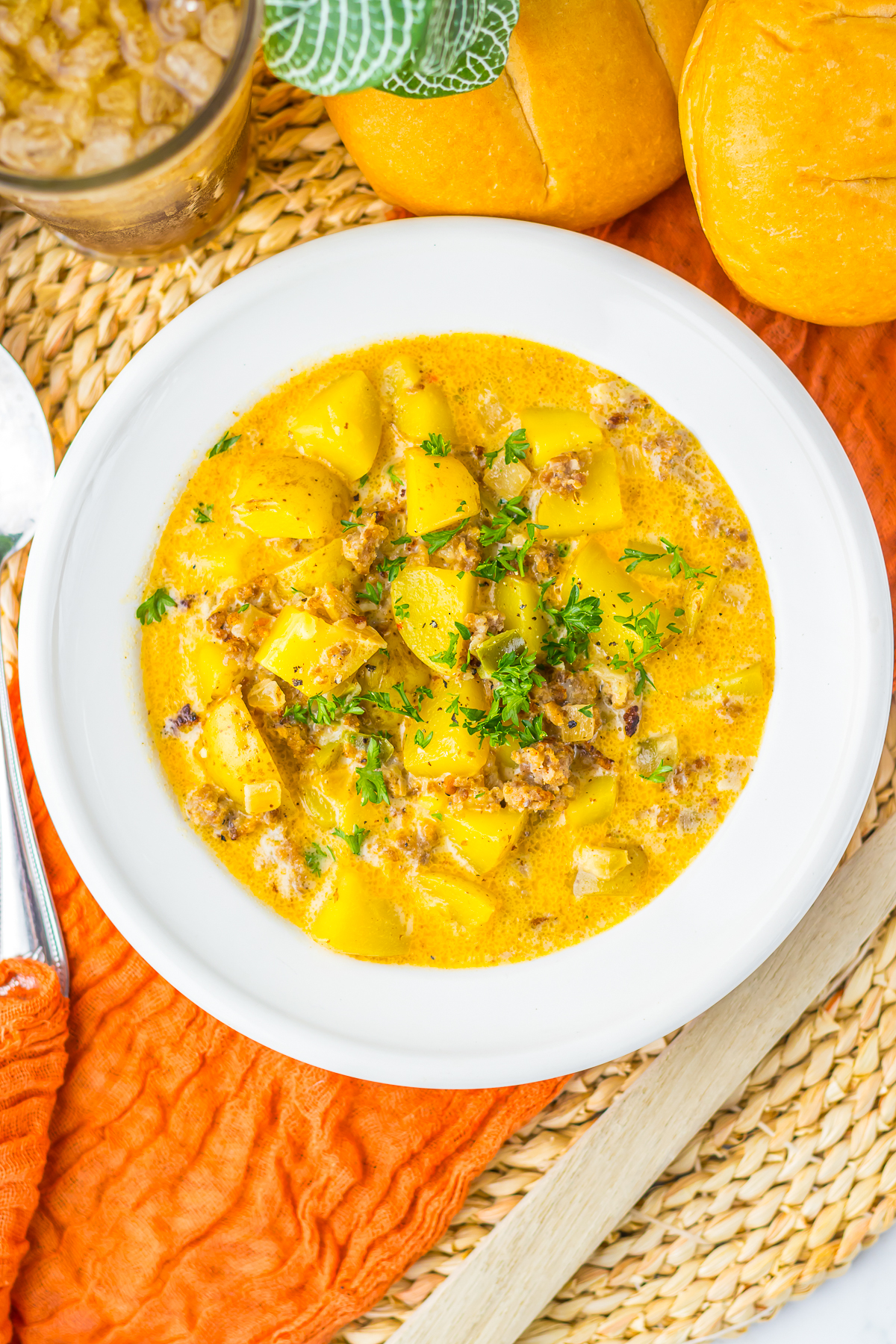 overhead image of Potato & Sausage Soup in bowl