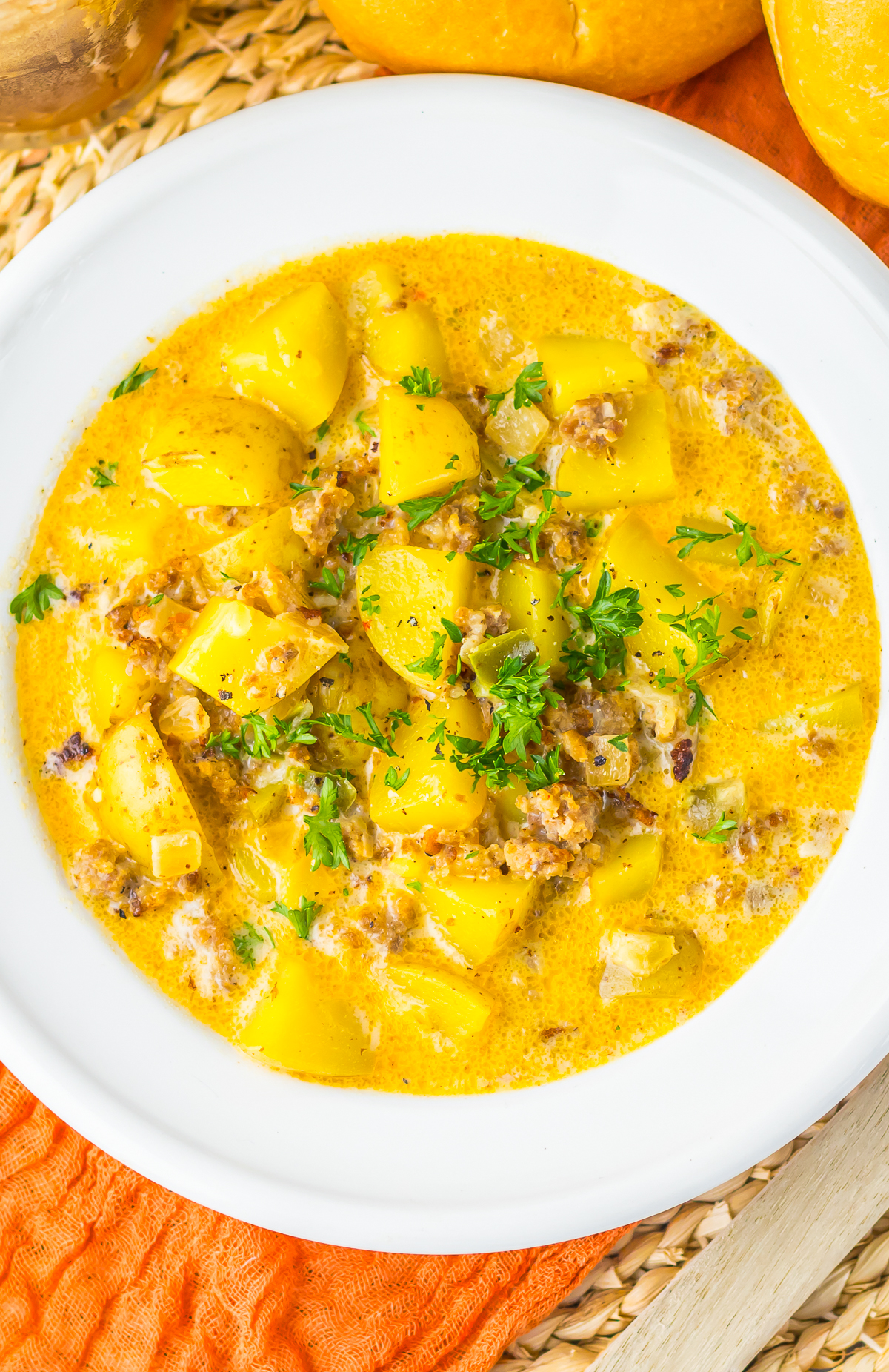 up close image overhead of Potato & Sausage Soup