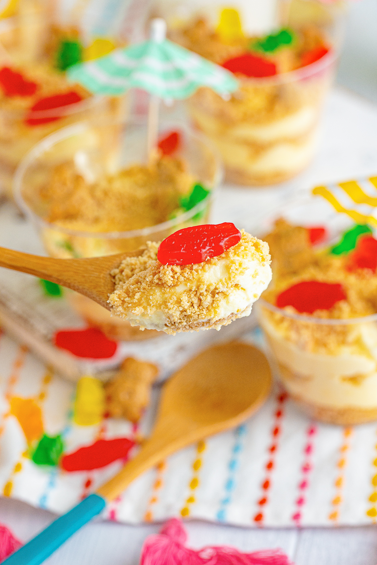 a spoon holding up a bite of Sand Pudding in air