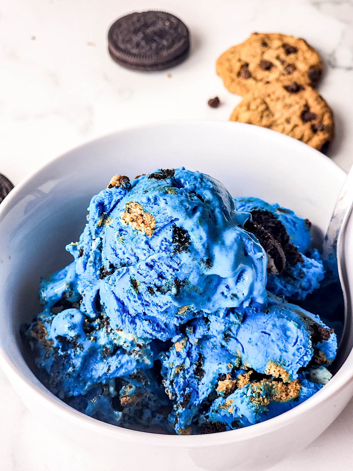 finished Cookie Monster Ice Cream  in white bowl