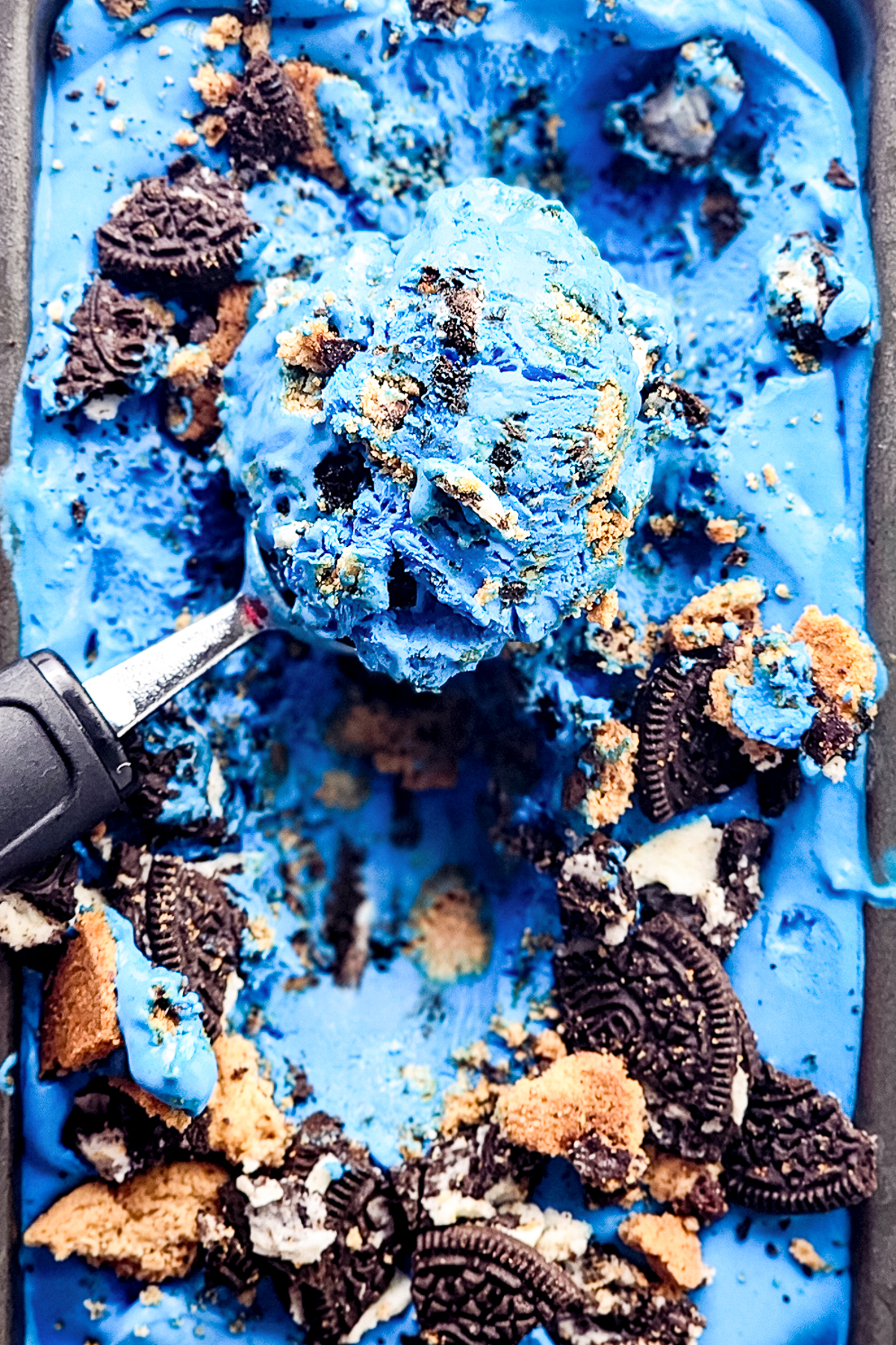 a cookie scoop on top of Cookie Monster Ice Cream 