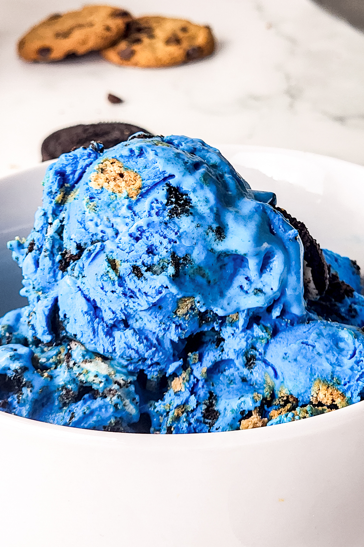 up close image of Cookie Monster Ice Cream  in white bowl