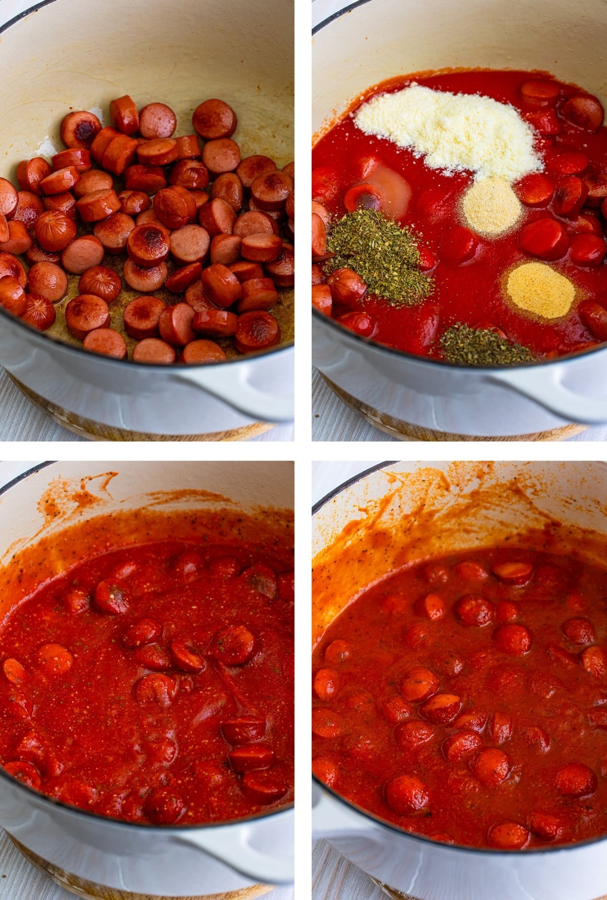 collage of images showing how to make Hot Dogs Spaghetti