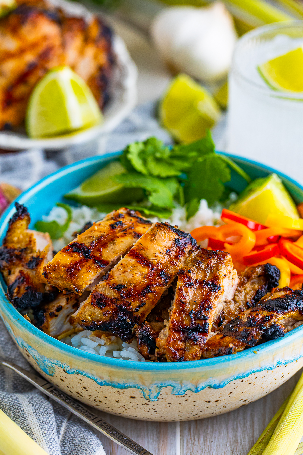 Lemongrass Chicken served in a bowl with rice